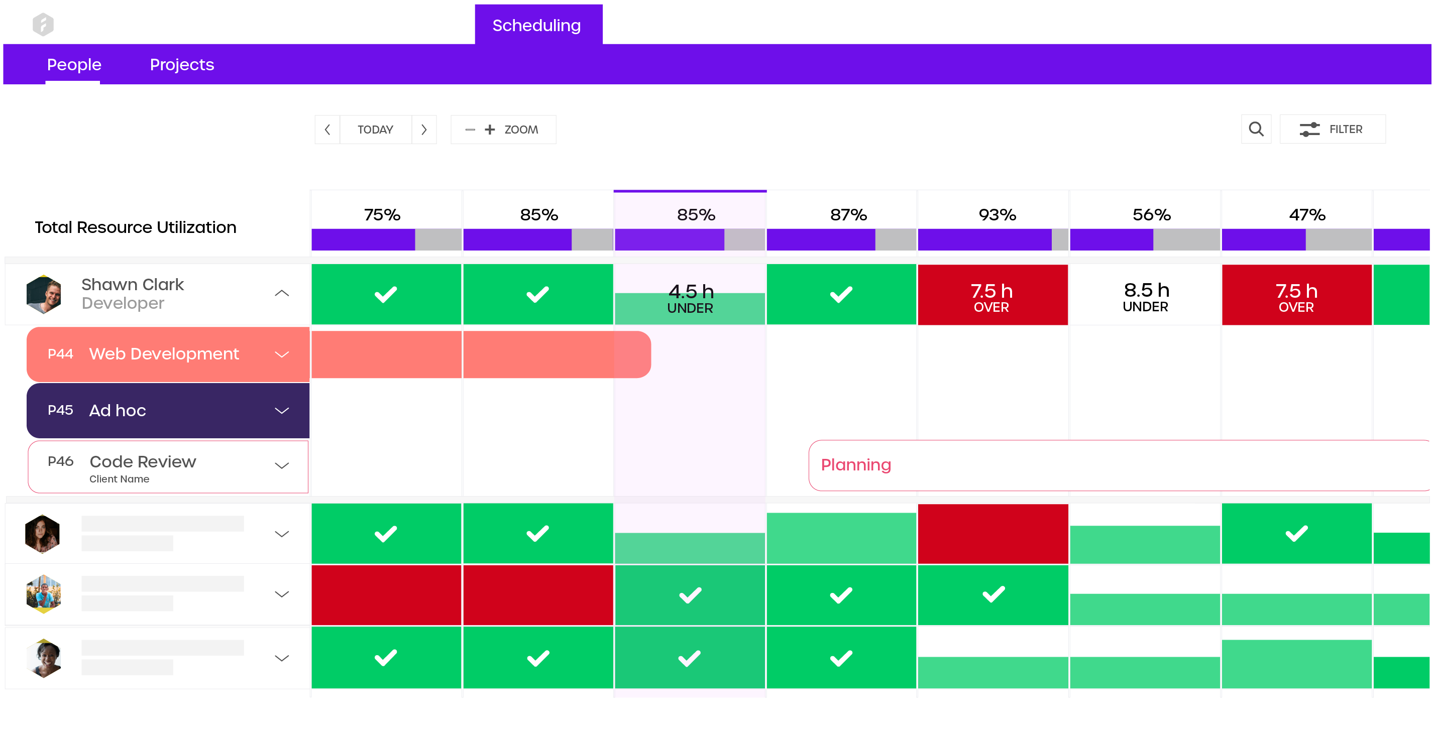 Planifiez les capacités de votre équipe en fonction de leurs compétences et de leur temps.
Surveillez le niveau d'utilisation et éditez-le en glissant et déposant facilement les projets et les tâches aux membres d’équipe. Planifiez les capacités de votre équipe en fonction de leurs compétences et de leur temps.
Surveillez le niveau d'utilisation et éditez-le en glissant et déposant facilement les projets et les tâches aux membres d’équipe.