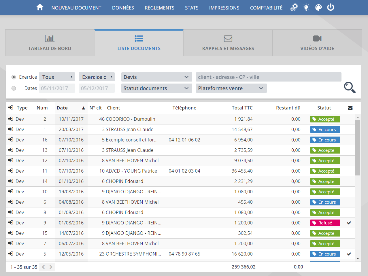 ClicFacture - Liste globale des documents