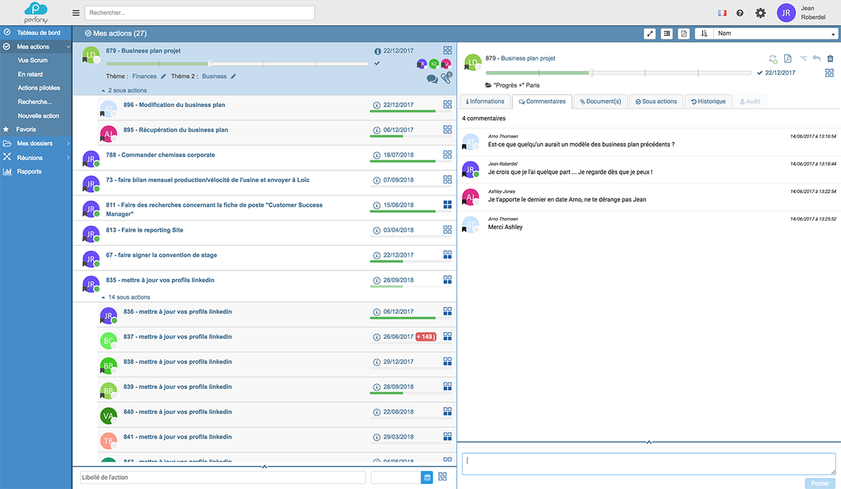 Accédez à toutes vos actions à un seul endroit. Fini les tableaux Excel. Désormais vous pouvez créer des filtres pour ne voir que vos actions, ou celles de vos équipes, ou celles en retard etc... Accédez à toutes vos actions à un seul endroit. Fini les tableaux Excel. Désormais vous pouvez créer des filtres pour ne voir que vos actions, ou celles de vos équipes, ou celles en retard etc...