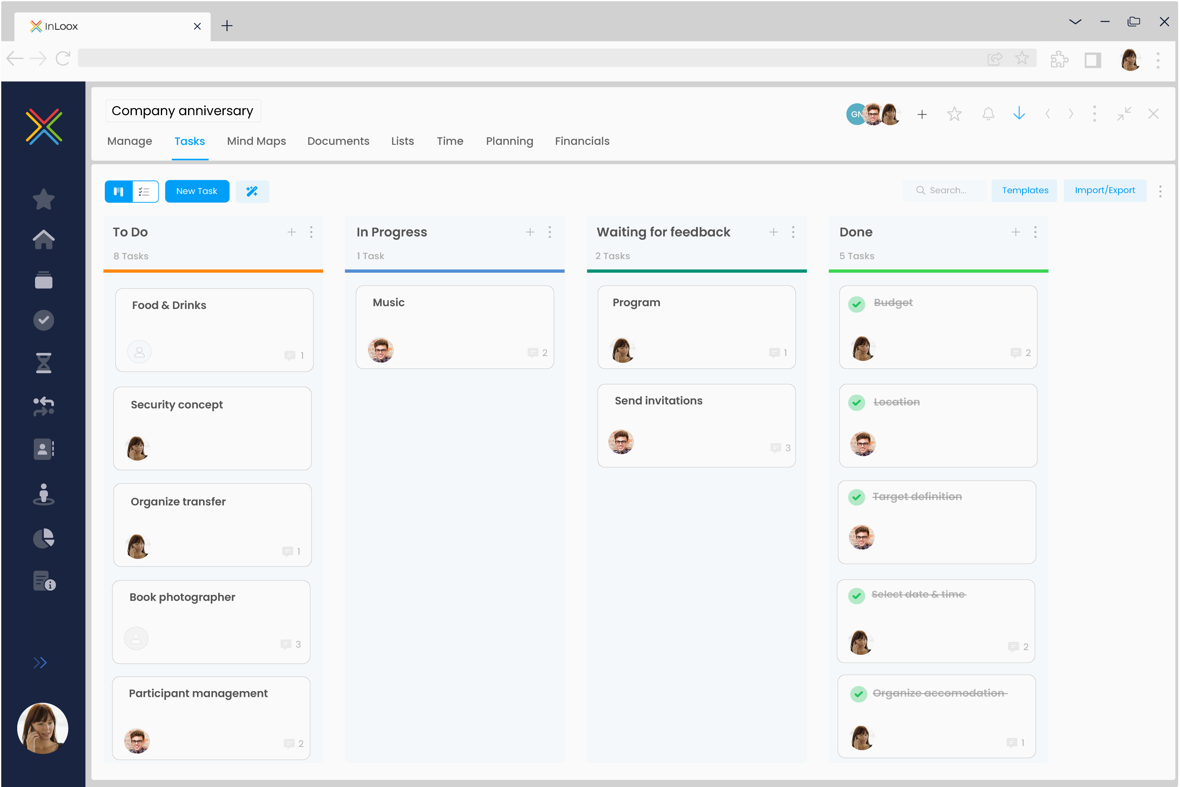 InLoox - Teams easily organize their tasks and visualize the status in a Kanban board.