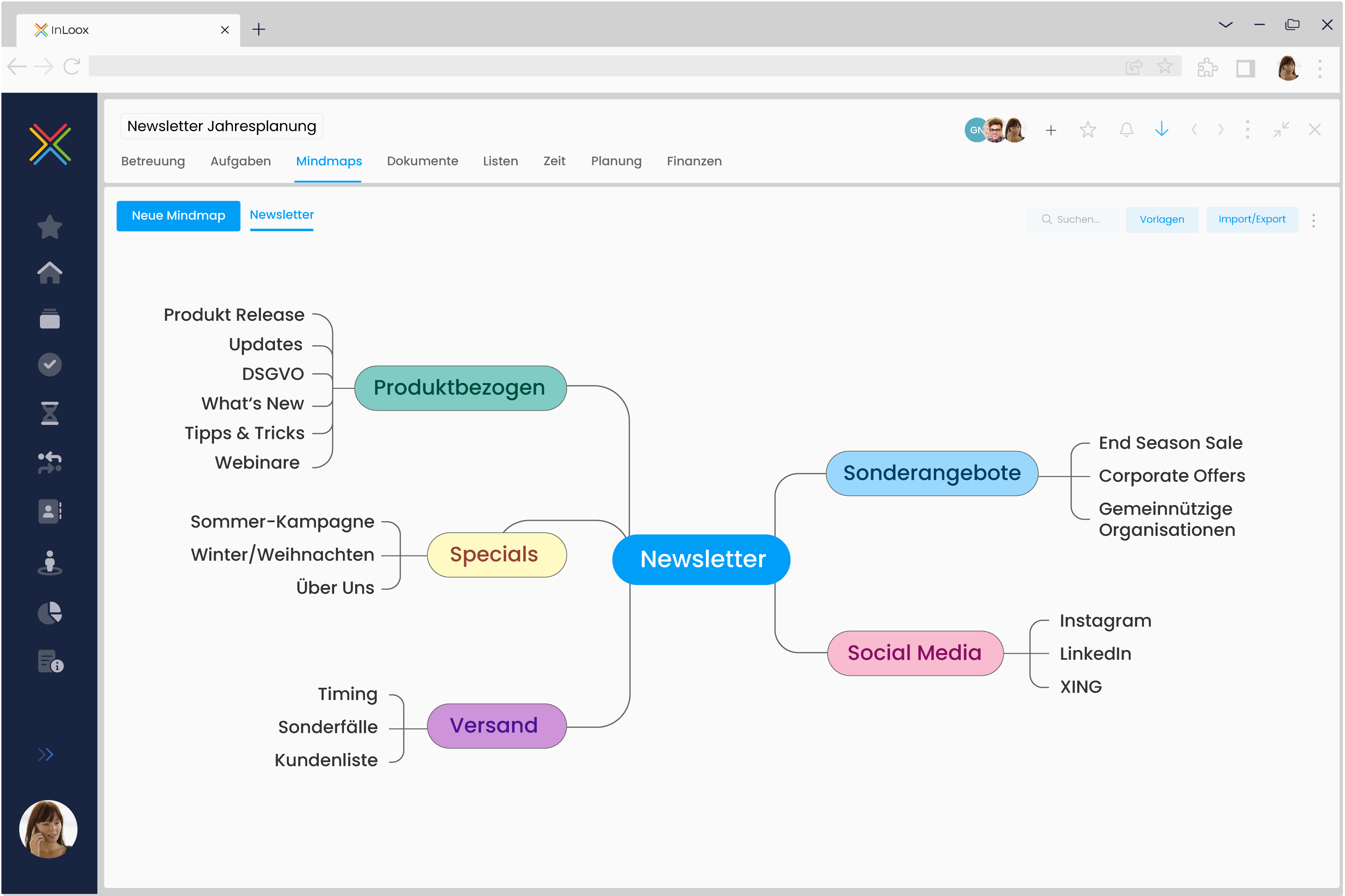 InLoox - Beginnen Sie mit dem Brainstorming Ihrer Projektideen in einer Mind Map und erstellen Sie Projektaufgaben mit nur einem Klick.