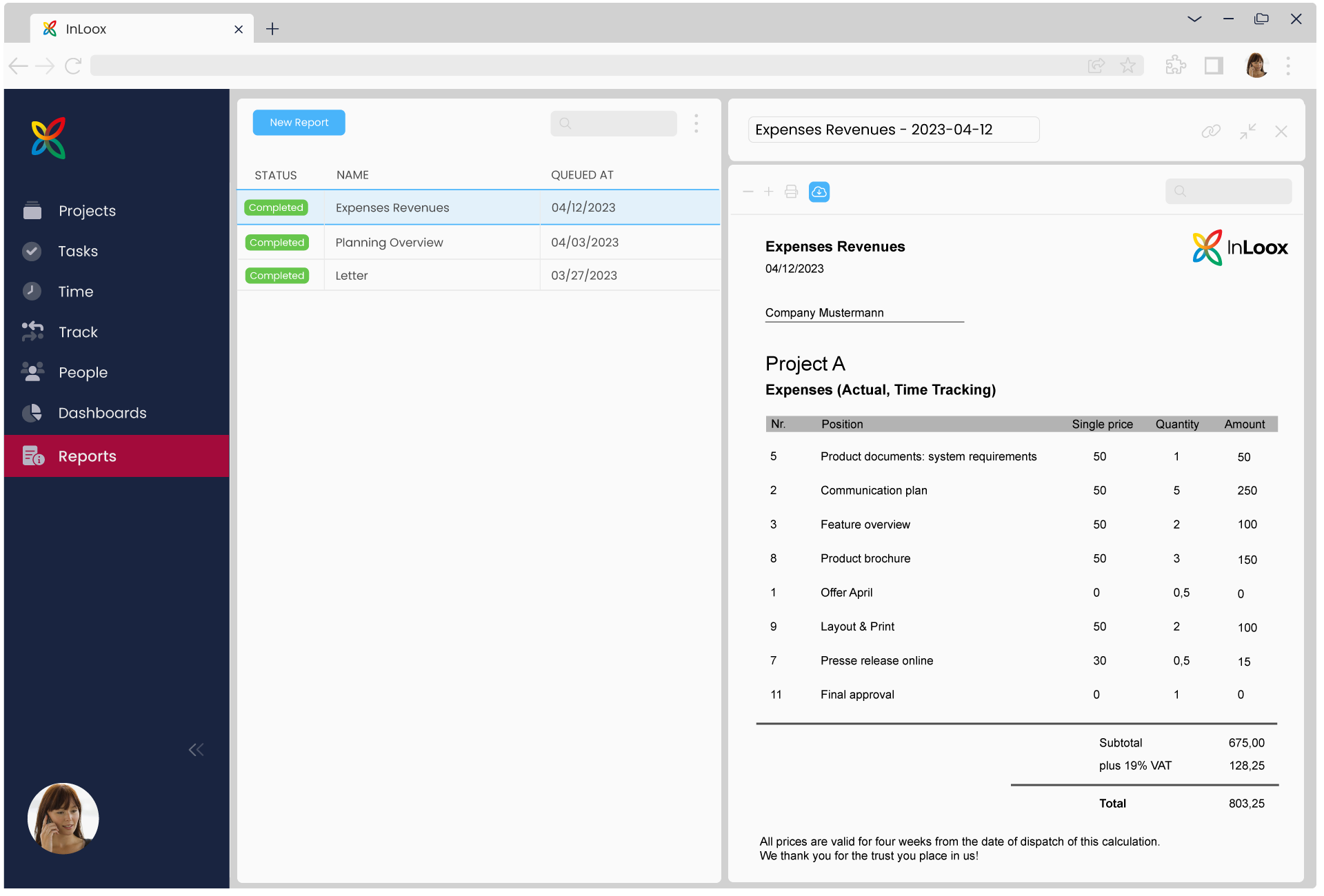 InLoox - One click and you create project reports for your management.