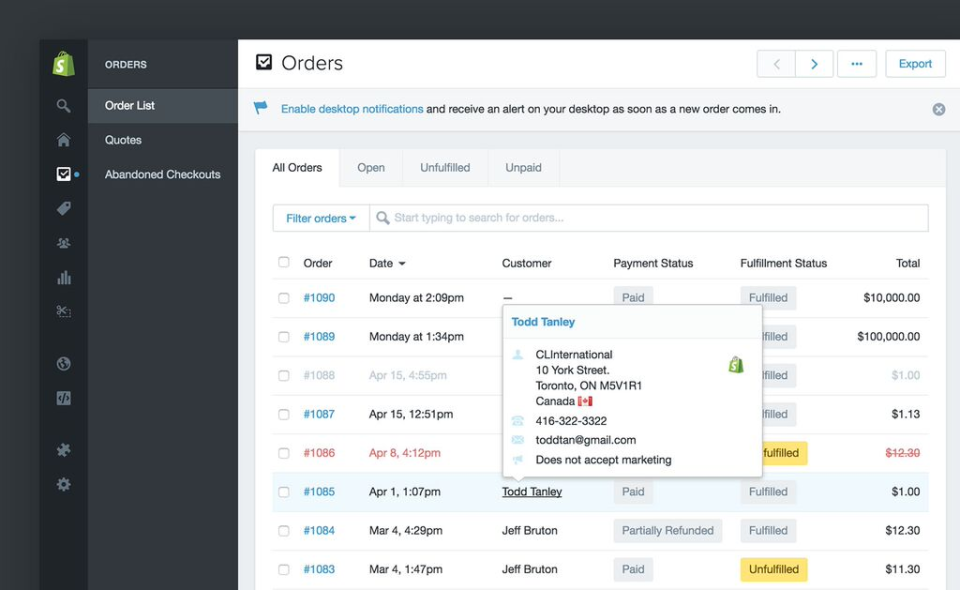 Shopify : liste des commandes Shopify : liste des commandes