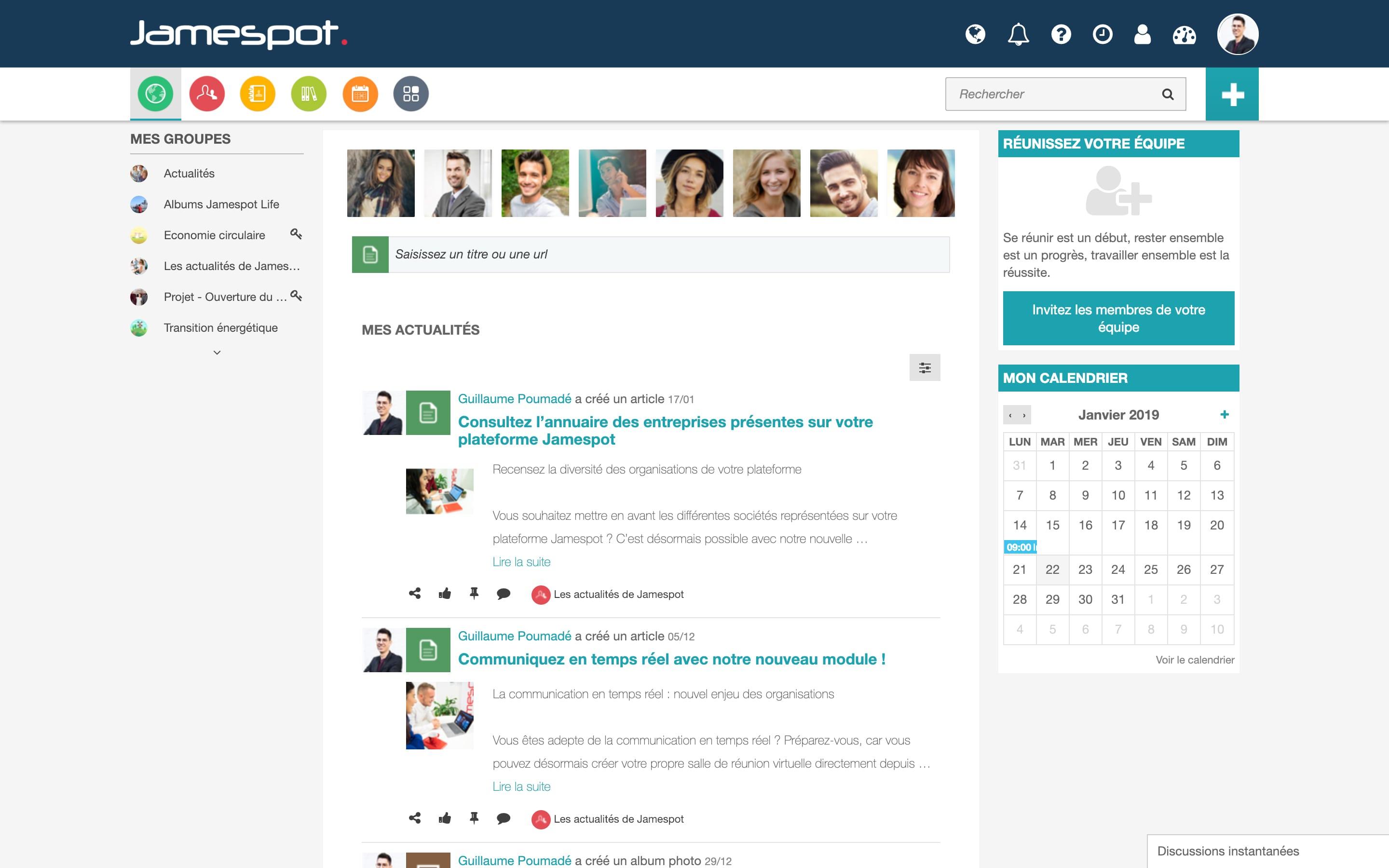 Visualisez toute l'activité de votre plateforme Jamespot sur le Wall. Visualisez toute l'activité de votre plateforme Jamespot sur le Wall.