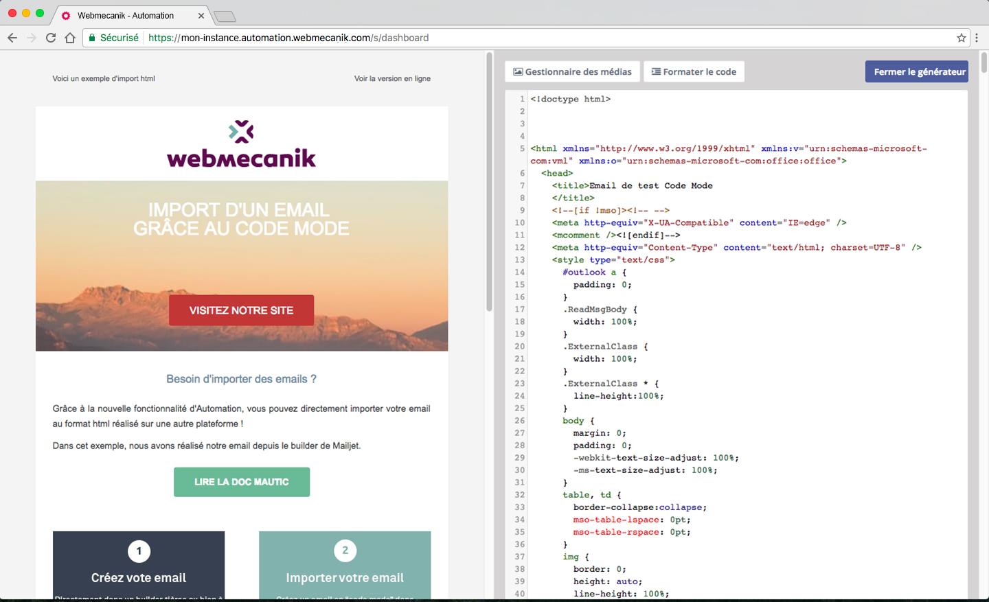 Webmecanik Automation - Editeur d'email avec possibilité de modifier le code HTML des emails