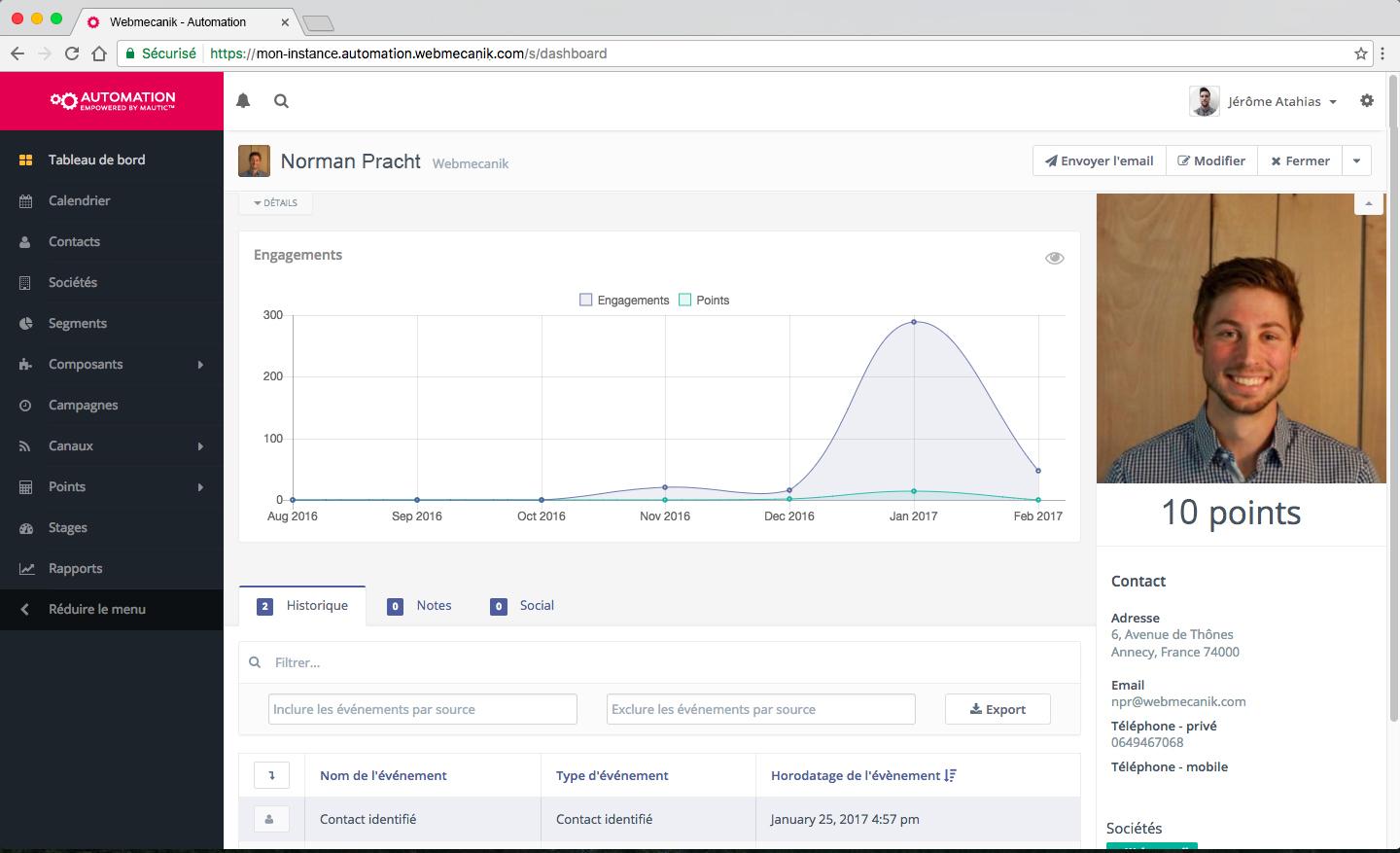 Webmecanik Automation - Fiche contact avec historique comportemental