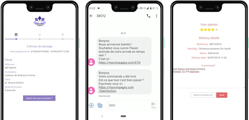 Communication avec le client final : envoi de notifications, heure d'arrivée estimée (ETA), suivi sur une carte...