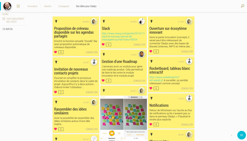 Gladys : synthèse des idées sous forme de post it Gladys : synthèse des idées sous forme de post it