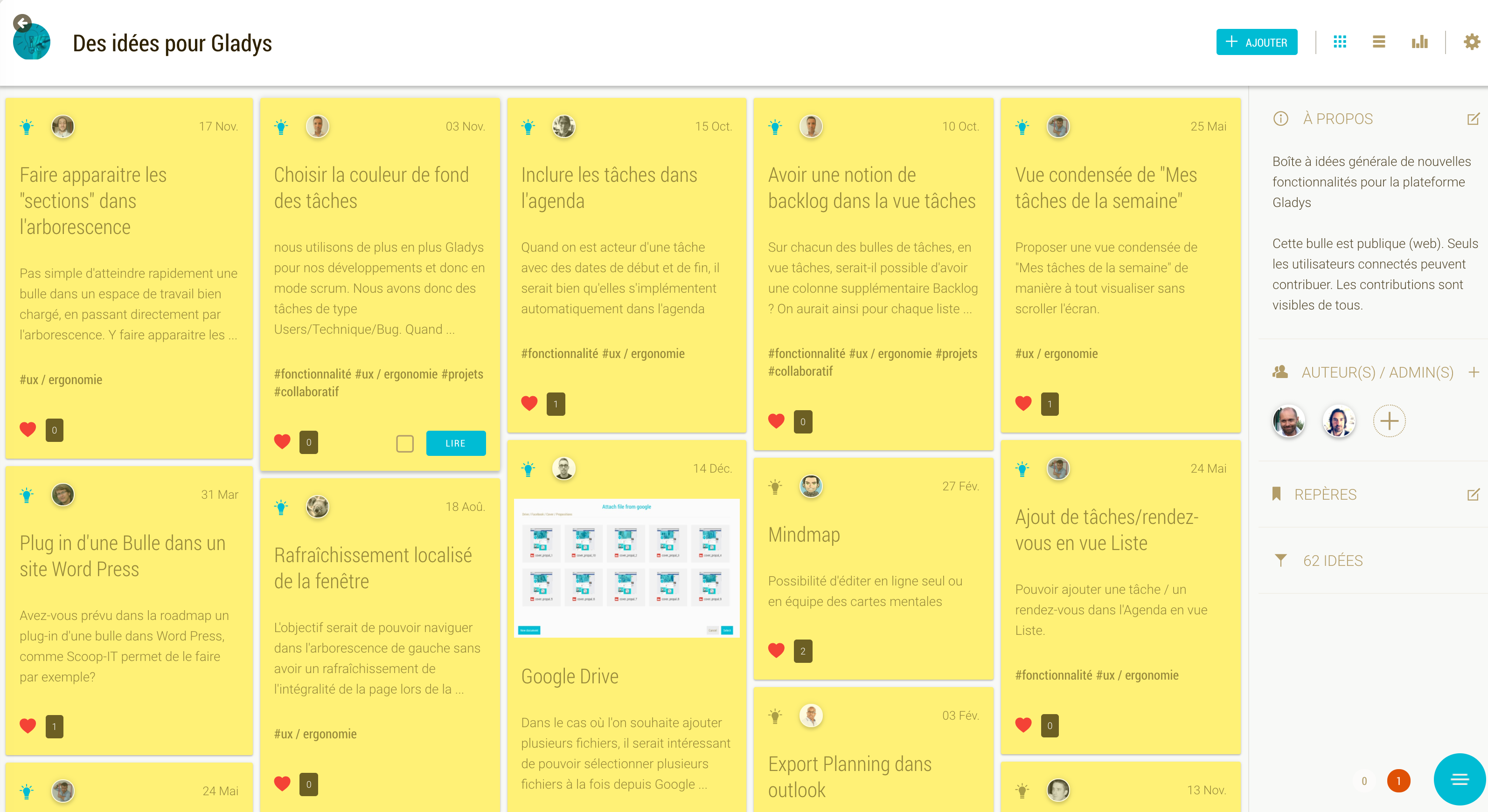 Gladys : synthèse des idées sous forme de post it Gladys : synthèse des idées sous forme de post it