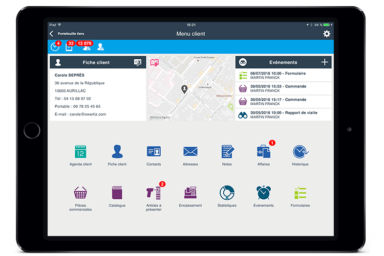Menu client avec un accès simplifié vers de les informations clients principales Menu client avec un accès simplifié vers de les informations clients principales