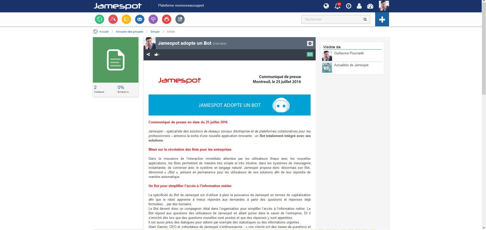 L'équipe publie de l'information à destination des clients (nouveautés, évolutions, événements). L'information est centralisée en un seul espace : le RSE