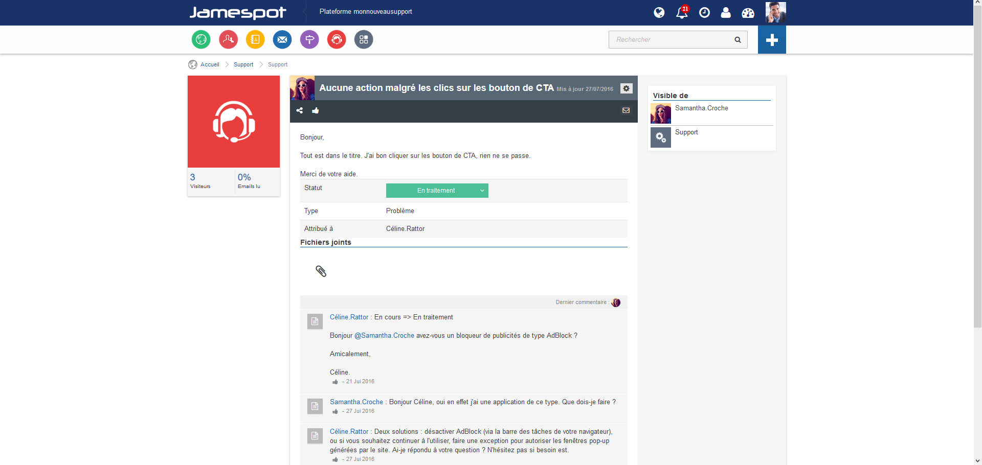 Grâce aux fonctionnalités propres au réseau social d'entreprise Jamespot, les équipes du support interagissent avec les clients Grâce aux fonctionnalités propres au réseau social d'entreprise Jamespot, les équipes du support interagissent avec les clients