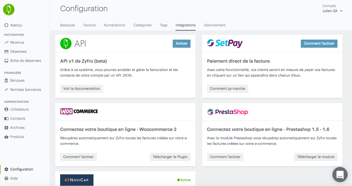 Intégrations sur Zyfro (e-commerce, paiement, financement...)