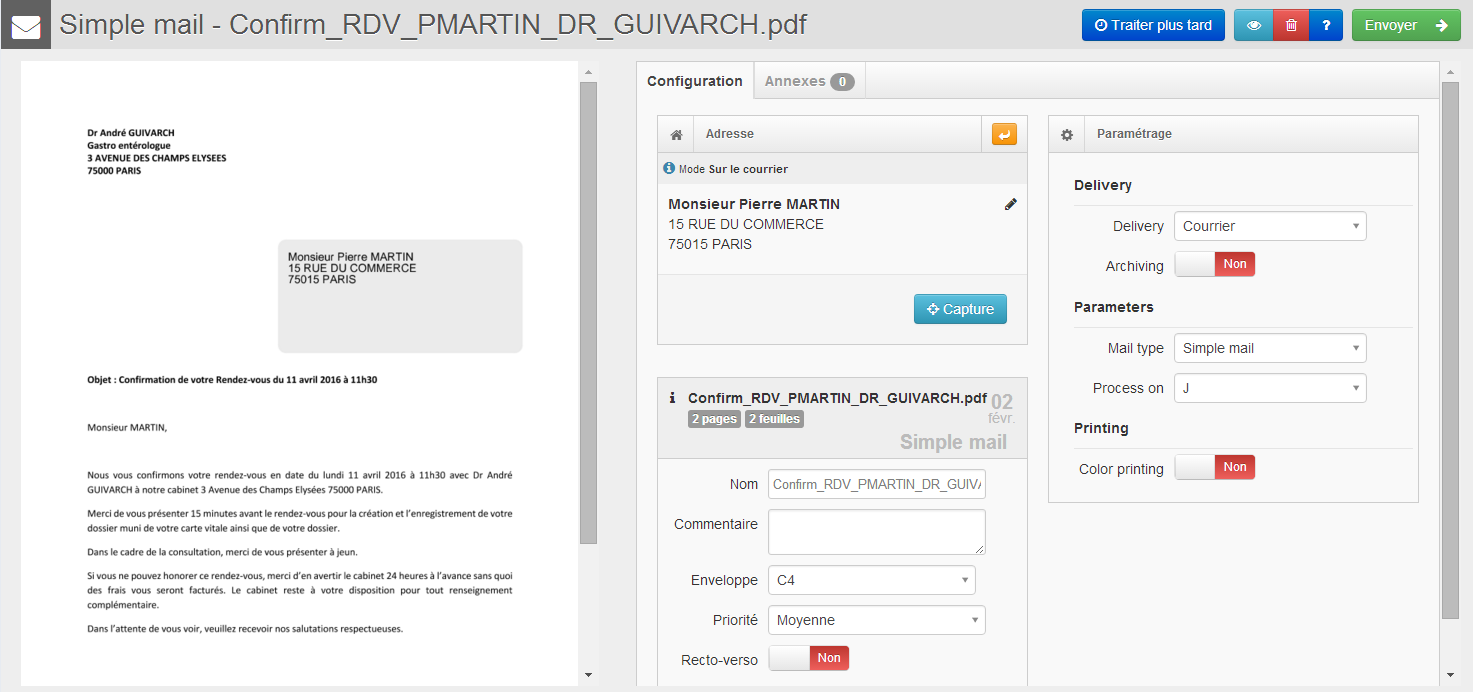 Interface d'envoi de courriers Interface d'envoi de courriers