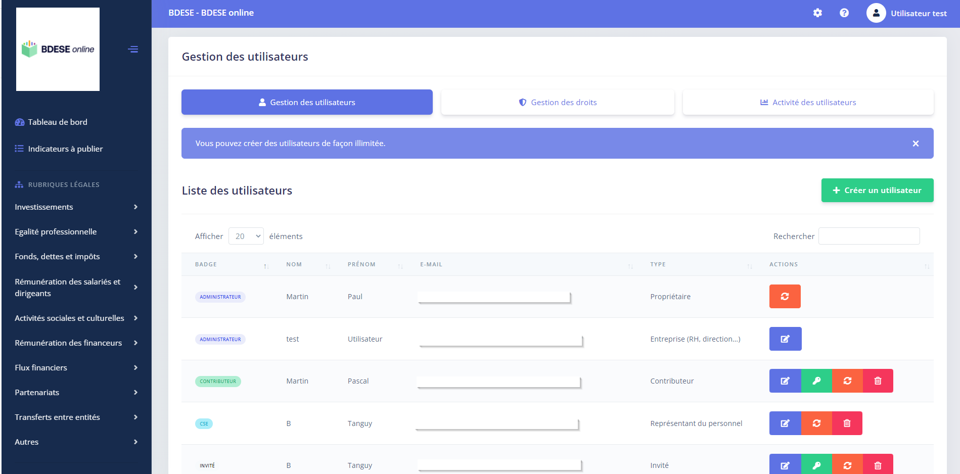 BDESE online-Gestion des utilisateurs - BDESE online