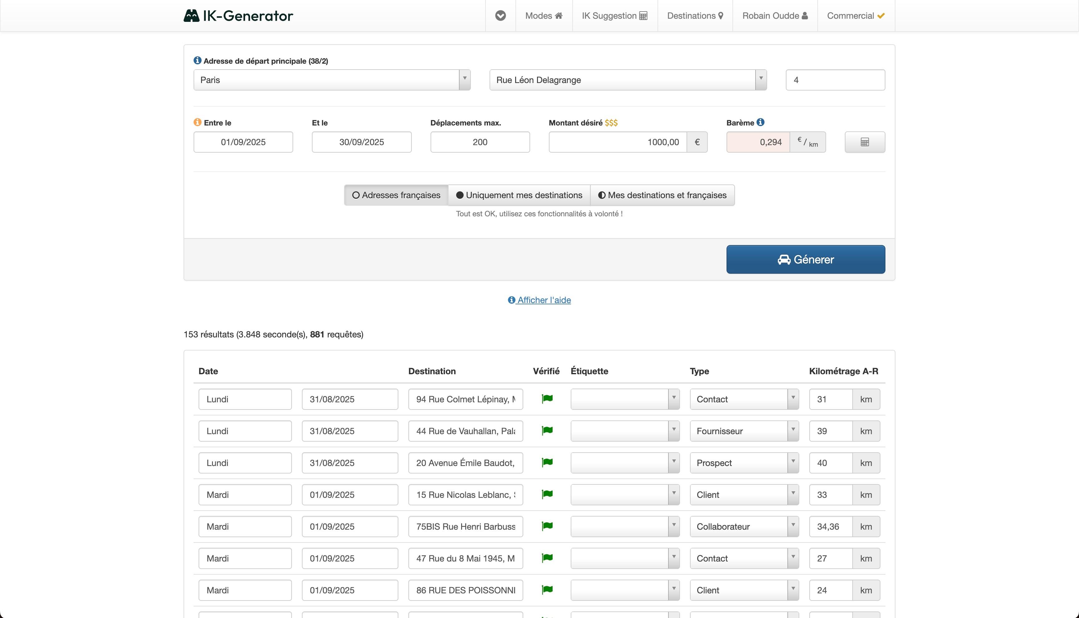 IK-Generator - Generator Mode — Trips generated automatically based on a date range and selected addresses.