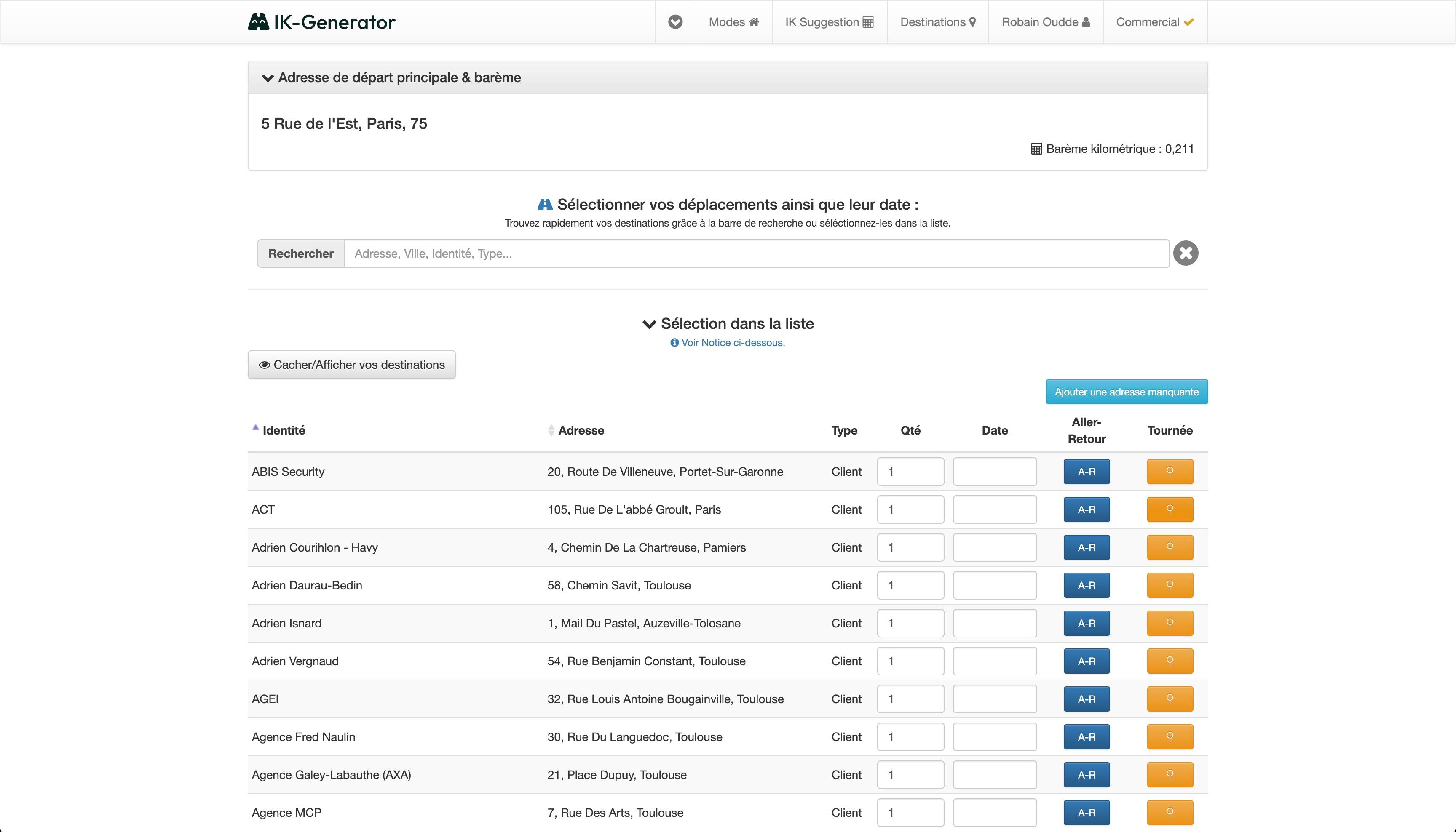 IK-Generator - Mode Saisie — Saisie manuelle des trajets avec contrôle total sur les détails du déplacement.