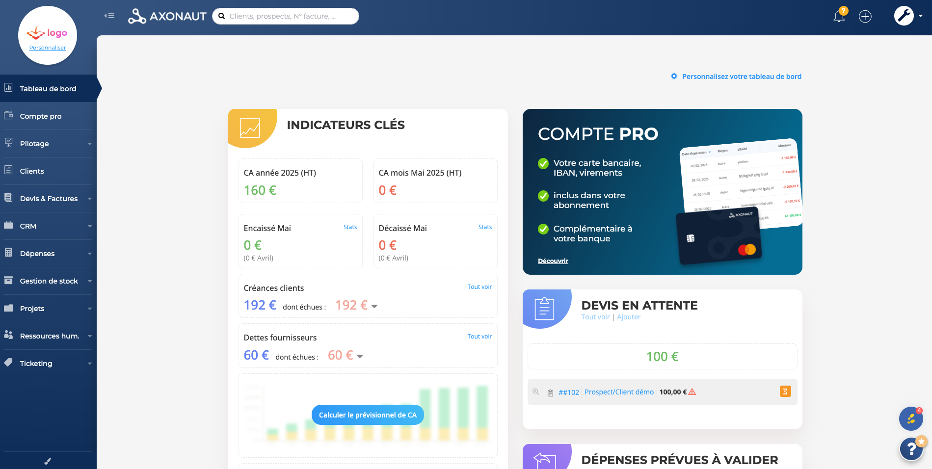 Axonaut - Gardez l'œil sur votre activité. Profitez d'un tableau de bord complet et personnalisable.