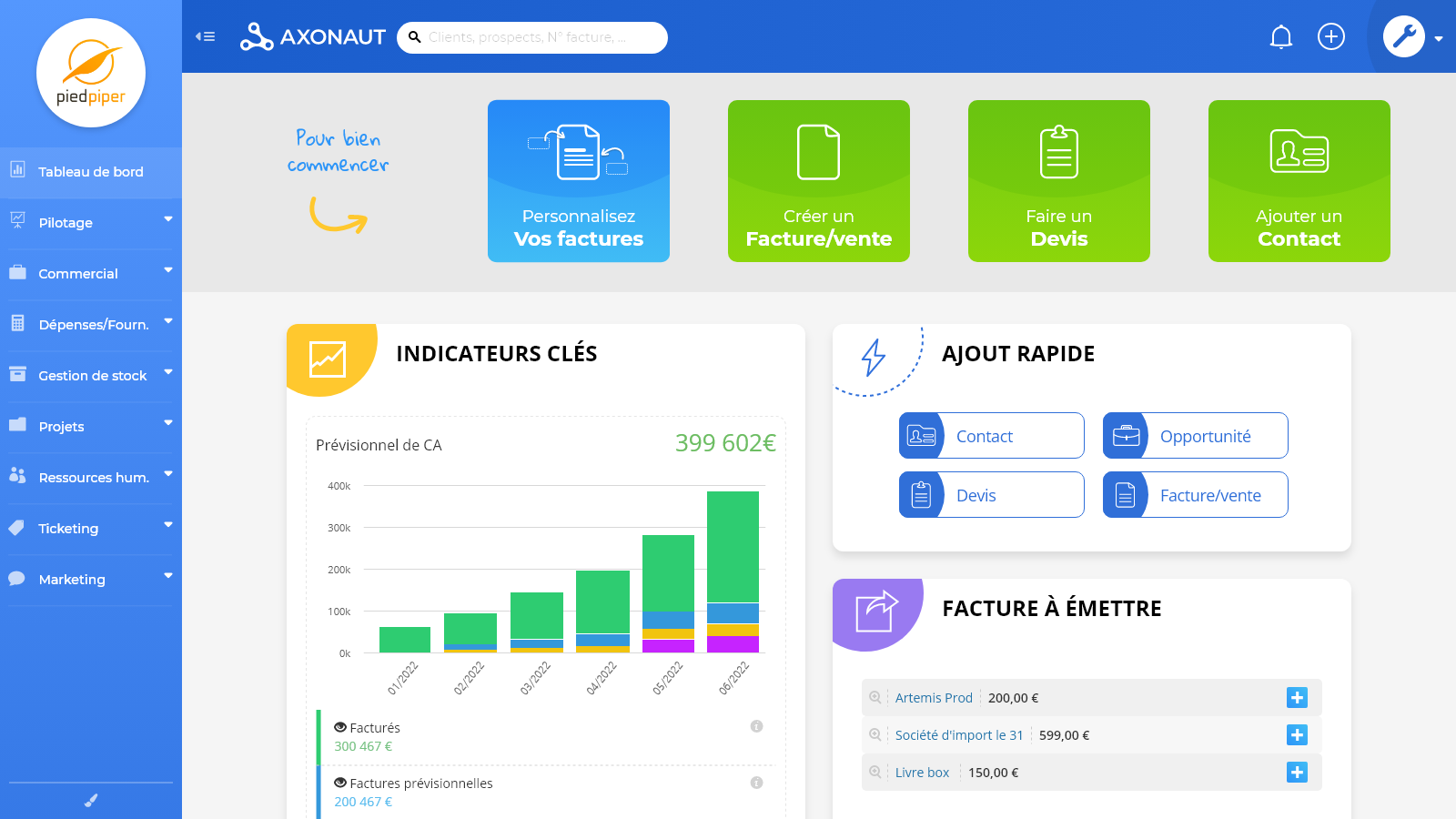 Axonaut - Gardez l'œil sur votre activité. Profitez d'un tableau de bord complet et personnalisable.