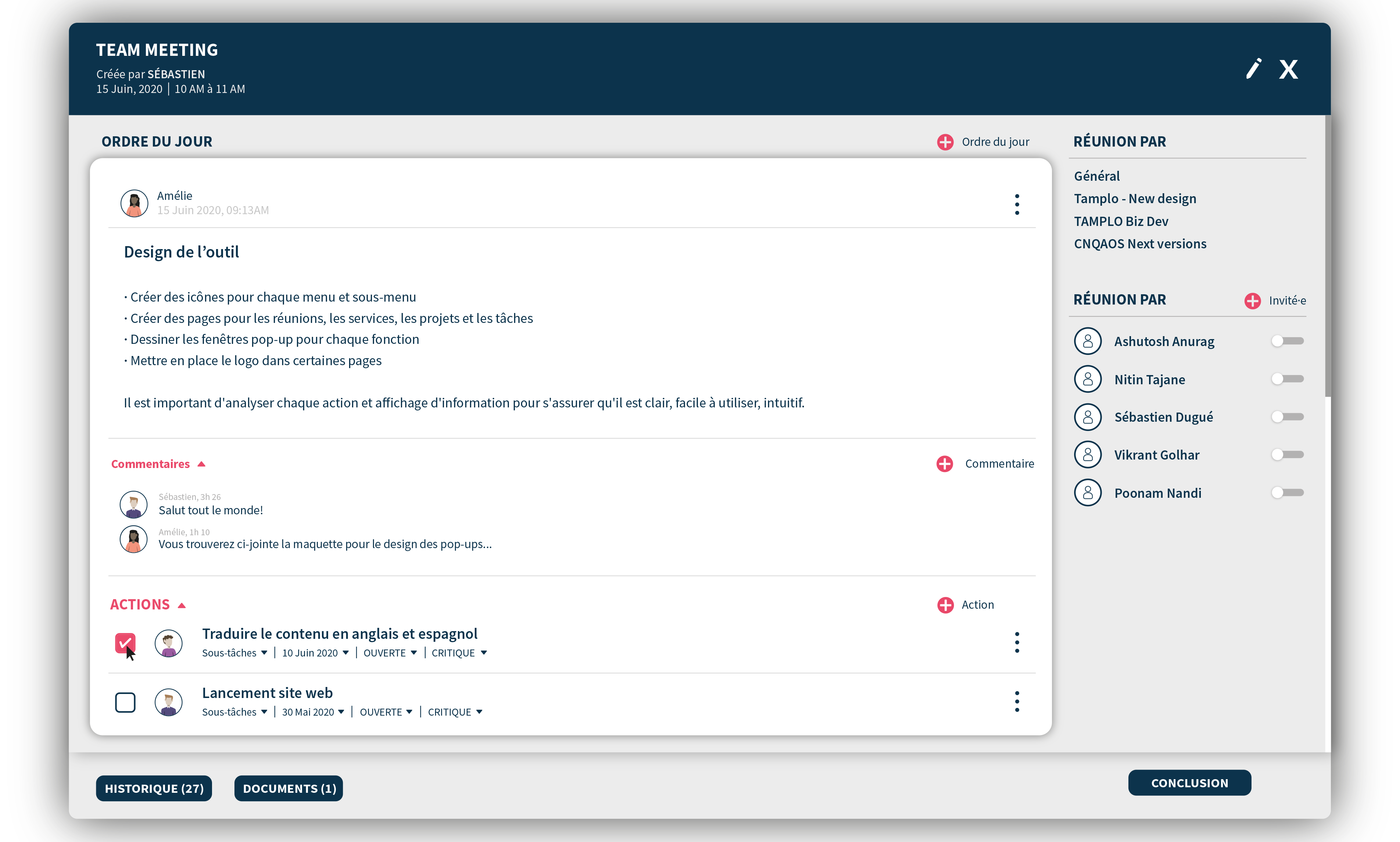 TAMPLO : module de gestion des réunions (Invités, ordre du jour, actions et sujets à traiter, etc.) TAMPLO : module de gestion des réunions (Invités, ordre du jour, actions et sujets à traiter, etc.)