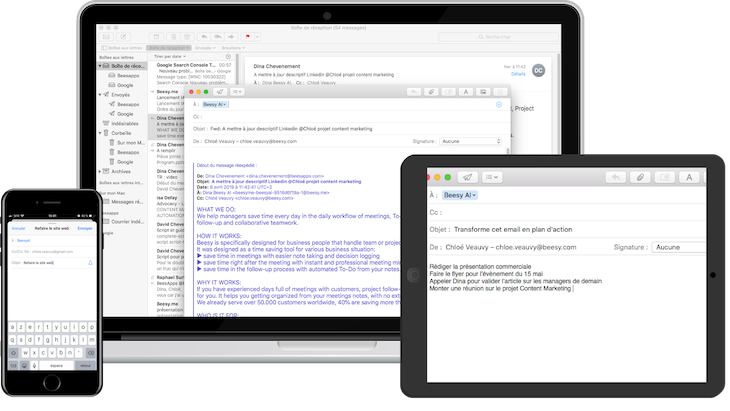 Beesy - Gérer son activité depuis sa boite mail: délégation de tâches, automatisation des comptes rendus de réunion, plan d'action automatisés, prise de note...