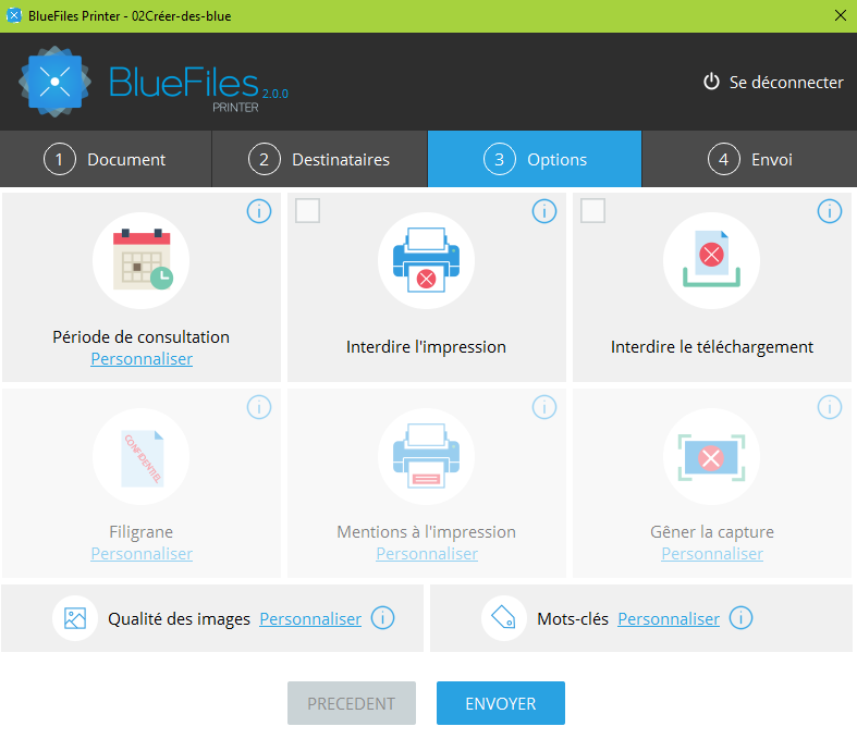 BlueFiles - Sicherheitsoption, die für den Druck werden Set Wind