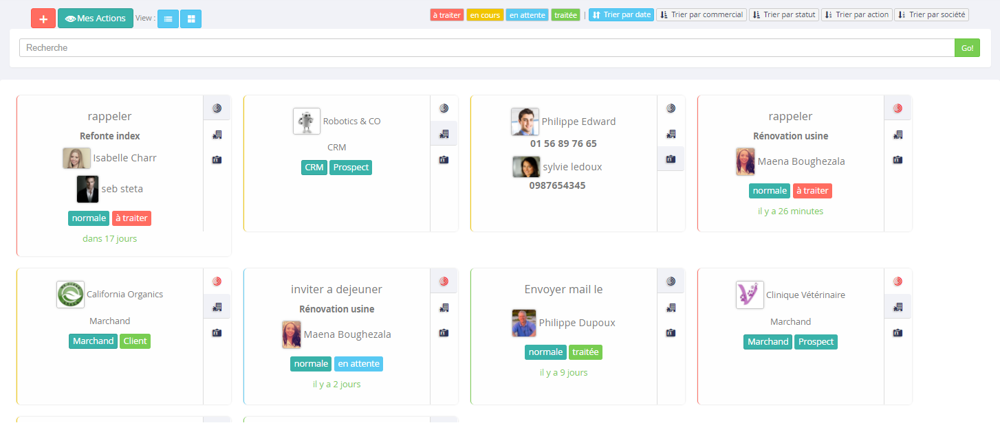 SocialJsCRM - SocialJsCRM affichage tâches et actions mode vignette