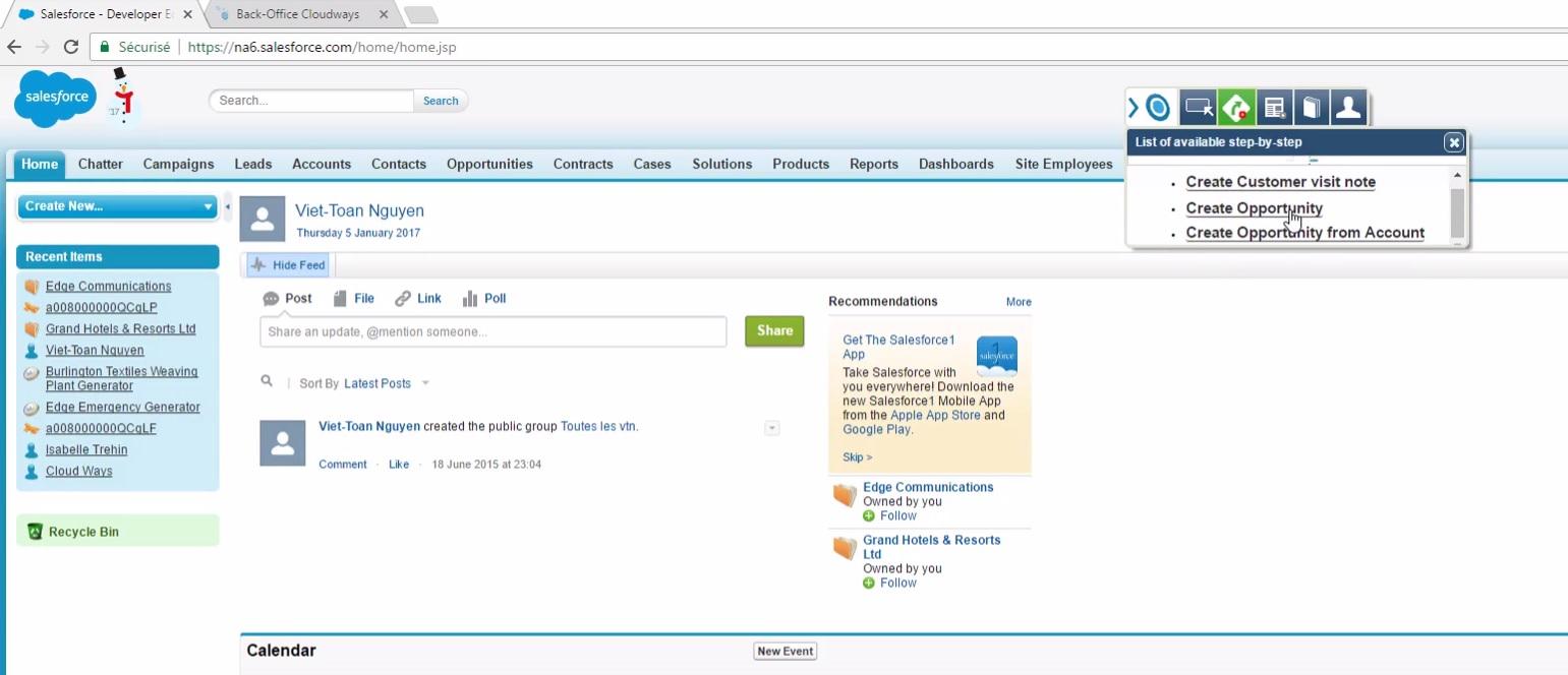 Step-by-step: Je suis informé directement dans mon logiciel métier des dernières actualités. Je me forme au quotidien sur les nouveautés. Je reçois l’information dès l’ouverture de Sales Cloud. Step-by-step: Je suis informé directement dans mon logiciel métier des dernières actualités. Je me forme au quotidien sur les nouveautés. Je reçois l’information dès l’ouverture de Sales Cloud.