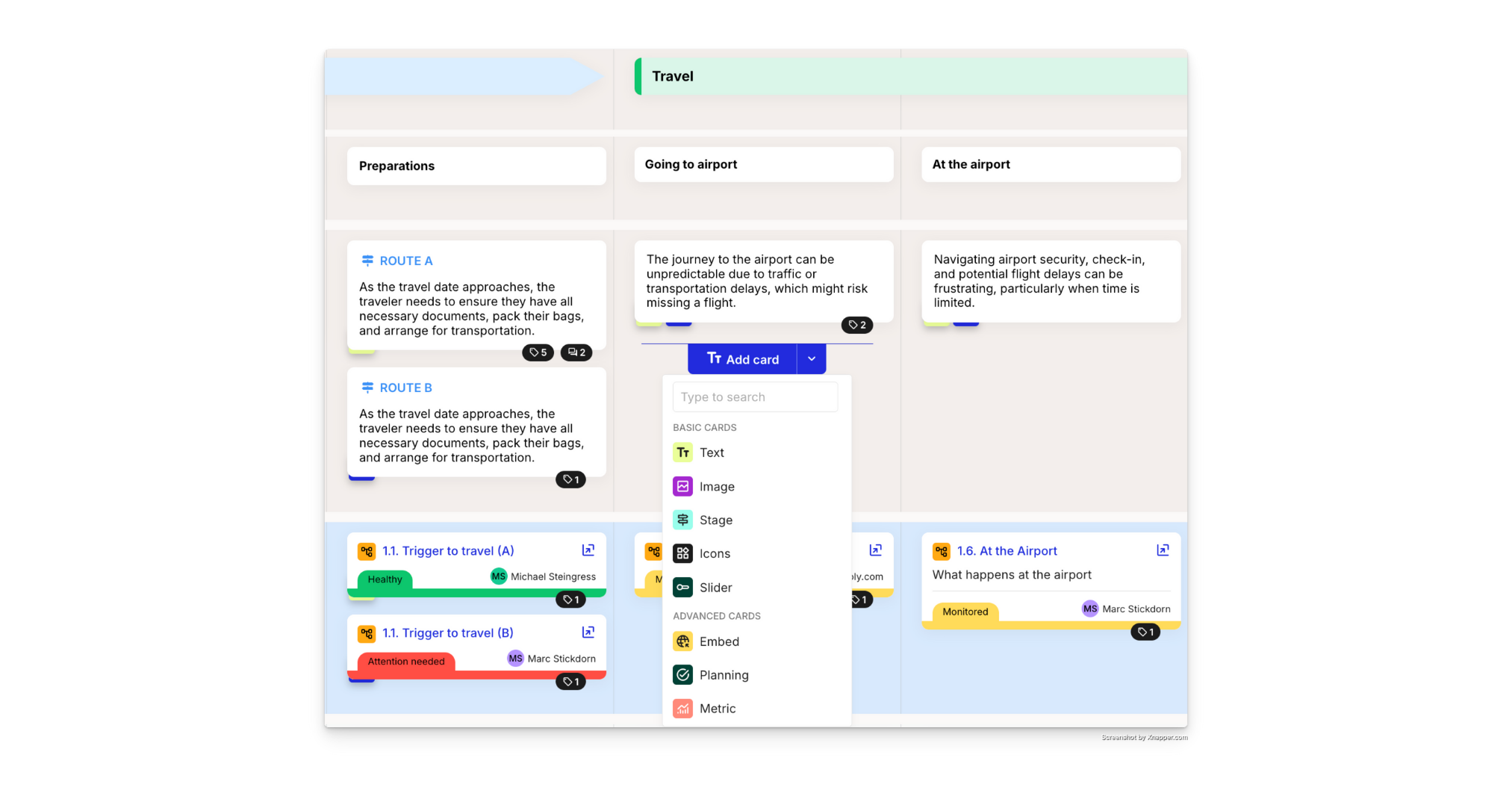 Smaply - Close up of the journey editor: Flexibility of lanes and cards, multiple routes on one journey