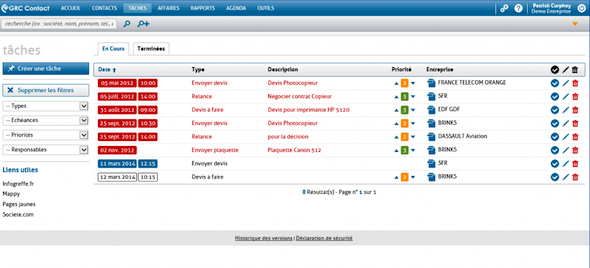 Gestion des tâches dans GRC Contact Gestion des tâches dans GRC Contact