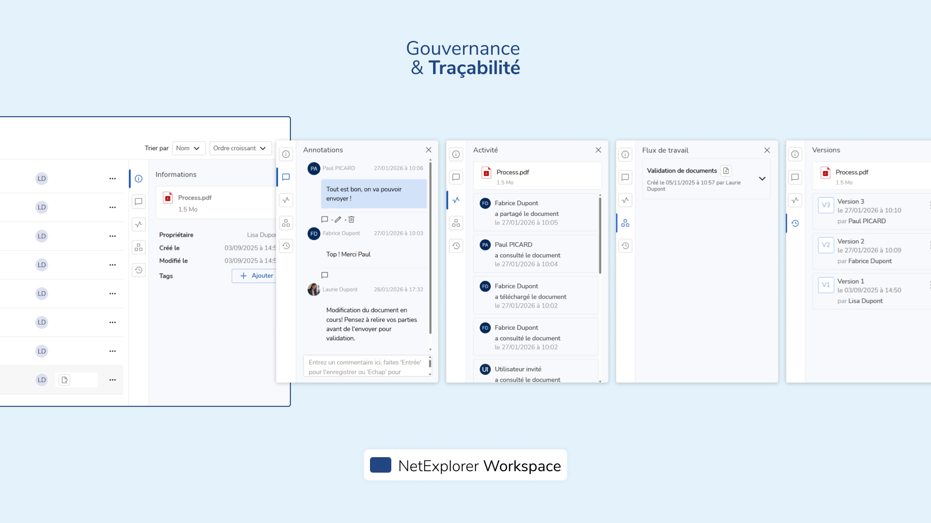NetExplorer Workspace - Suivi de l’activité détaillée d’un fichier directement depuis ses propriétés. Workspace enregistre les actions de tous les intervenants afin d’identifier rapidement qui consulte, télécharge ou partage un document.
