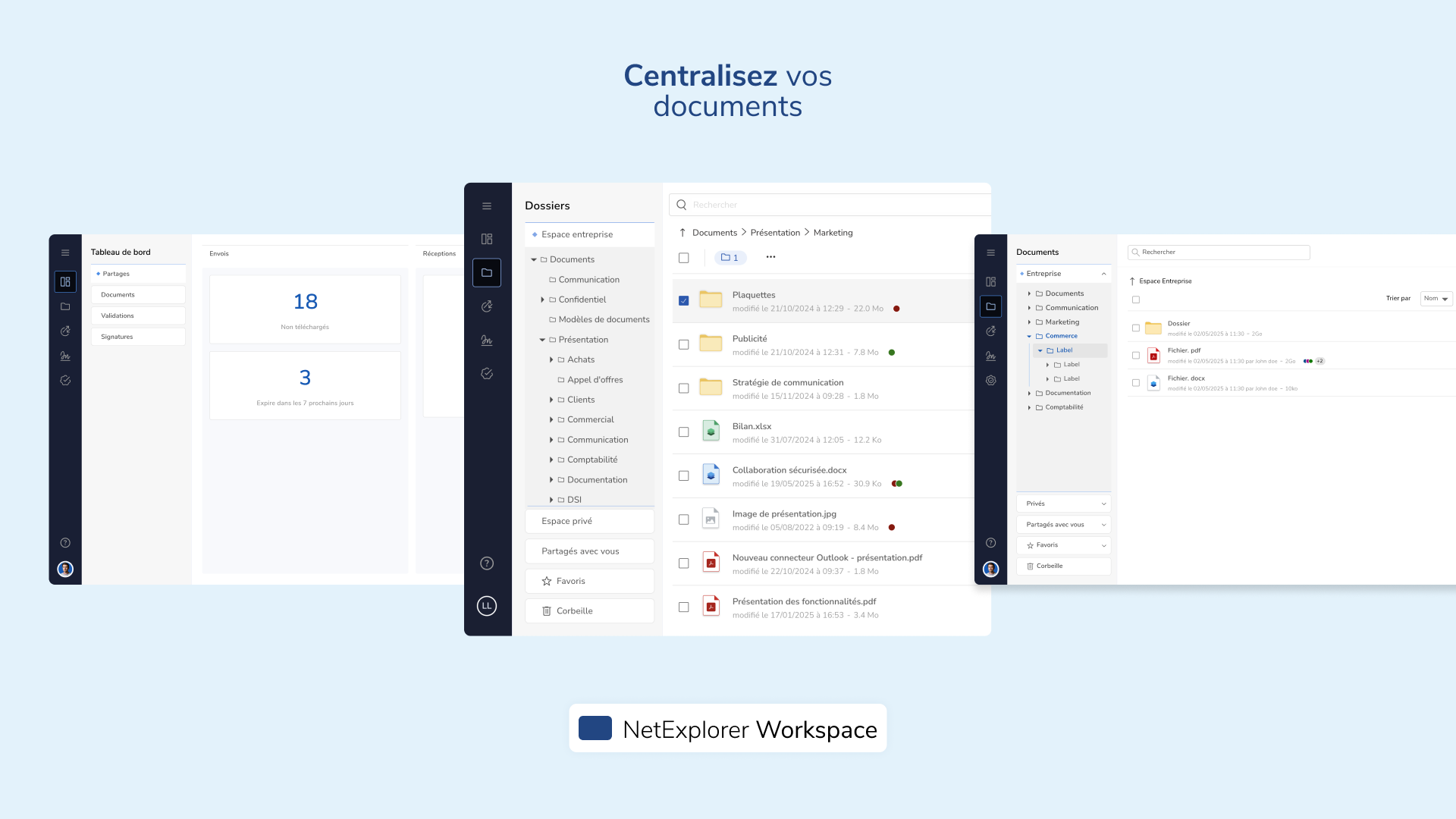 NetExplorer Workspace - Notre suite collaborative de gestion de fichiers combine partage sécurisé et collaboration efficace pour fluidifier les échanges et le travail d’équipe tout en garantissant la maîtrise de vos données.