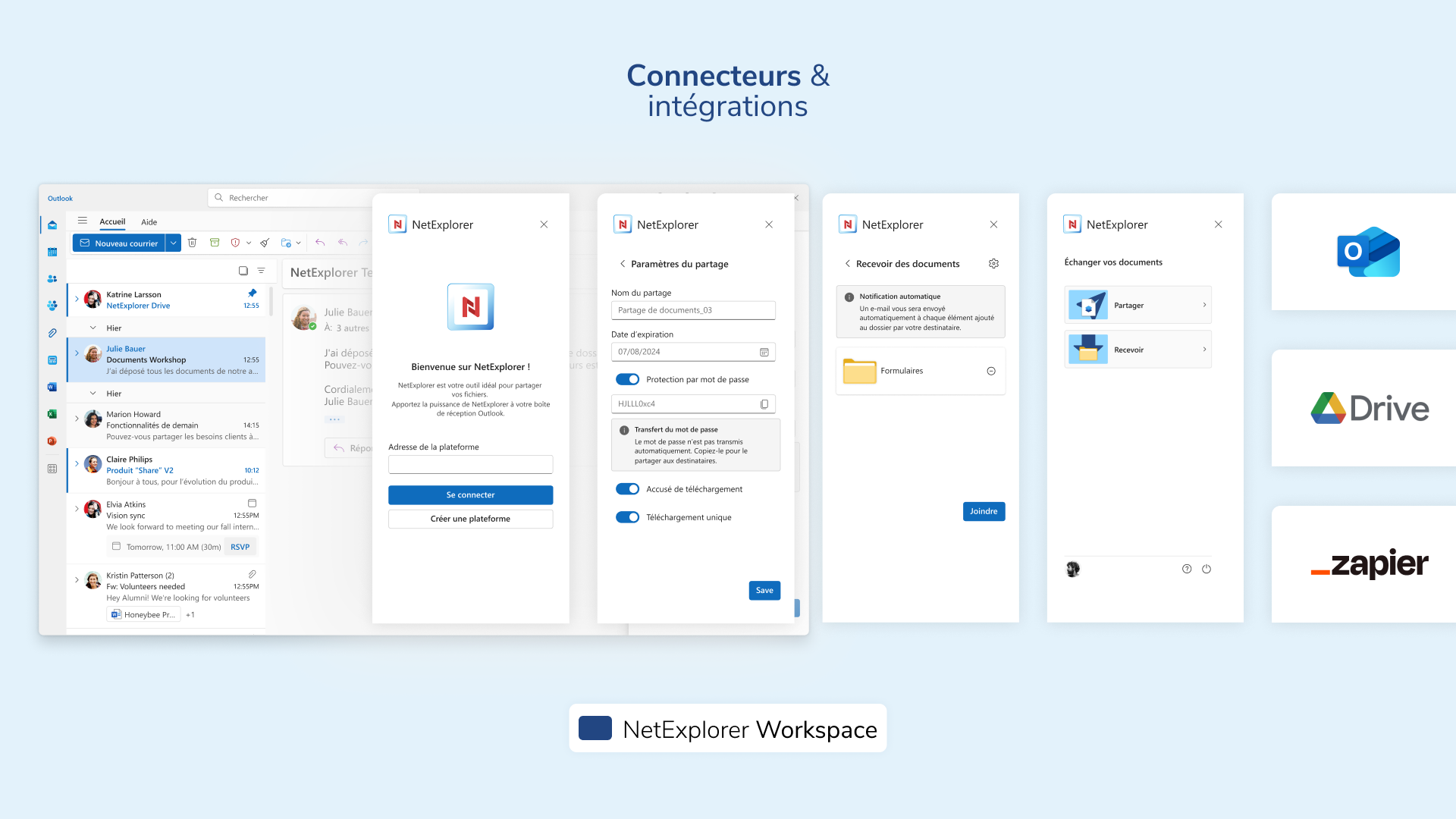 NetExplorer Workspace - Le partage de fichiers sécurisé est accessibles à tous, en un clic, sur notre interface web, mobile ou directement dans les applications Microsoft Teams et Outlook grâce à nos connecteurs.