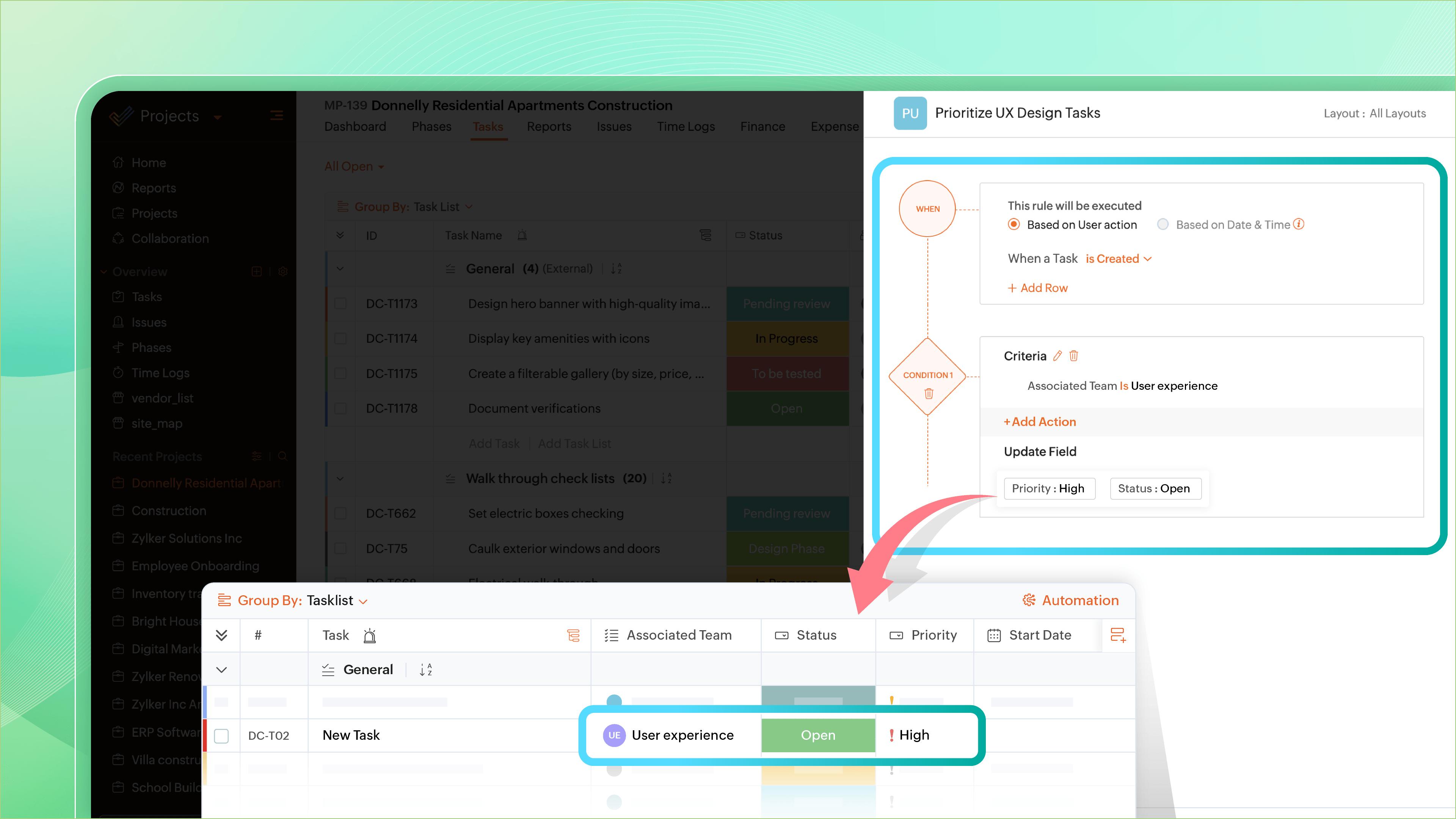 Zoho Projects - A view of your tasks as cards placed along columns. Helps you identify bottlenecks and reorganize quickly using drag and drop.