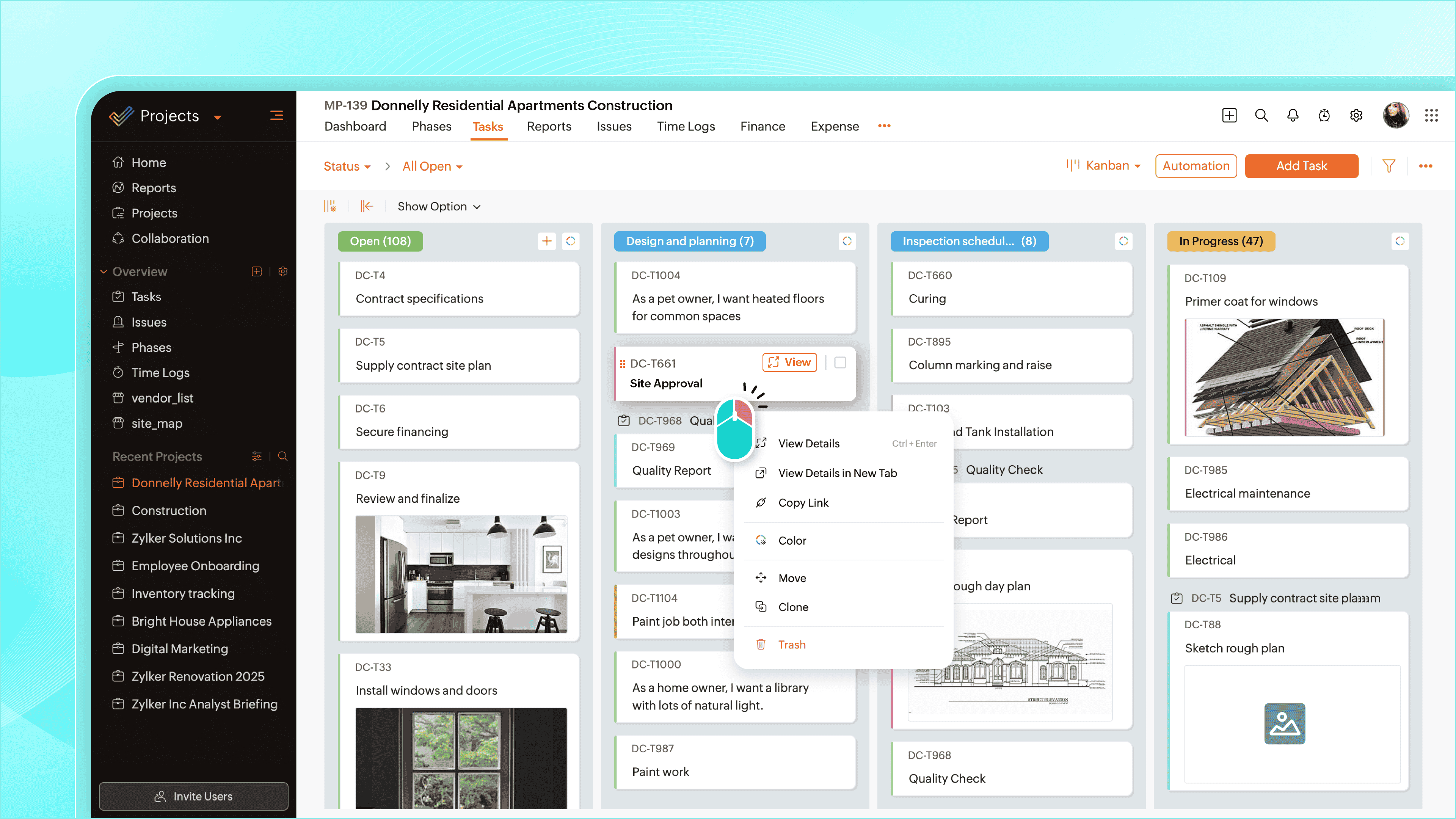 Zoho Projects - A view of your tasks as cards placed along columns. Helps you identify bottlenecks and reorganize quickly using drag and drop.