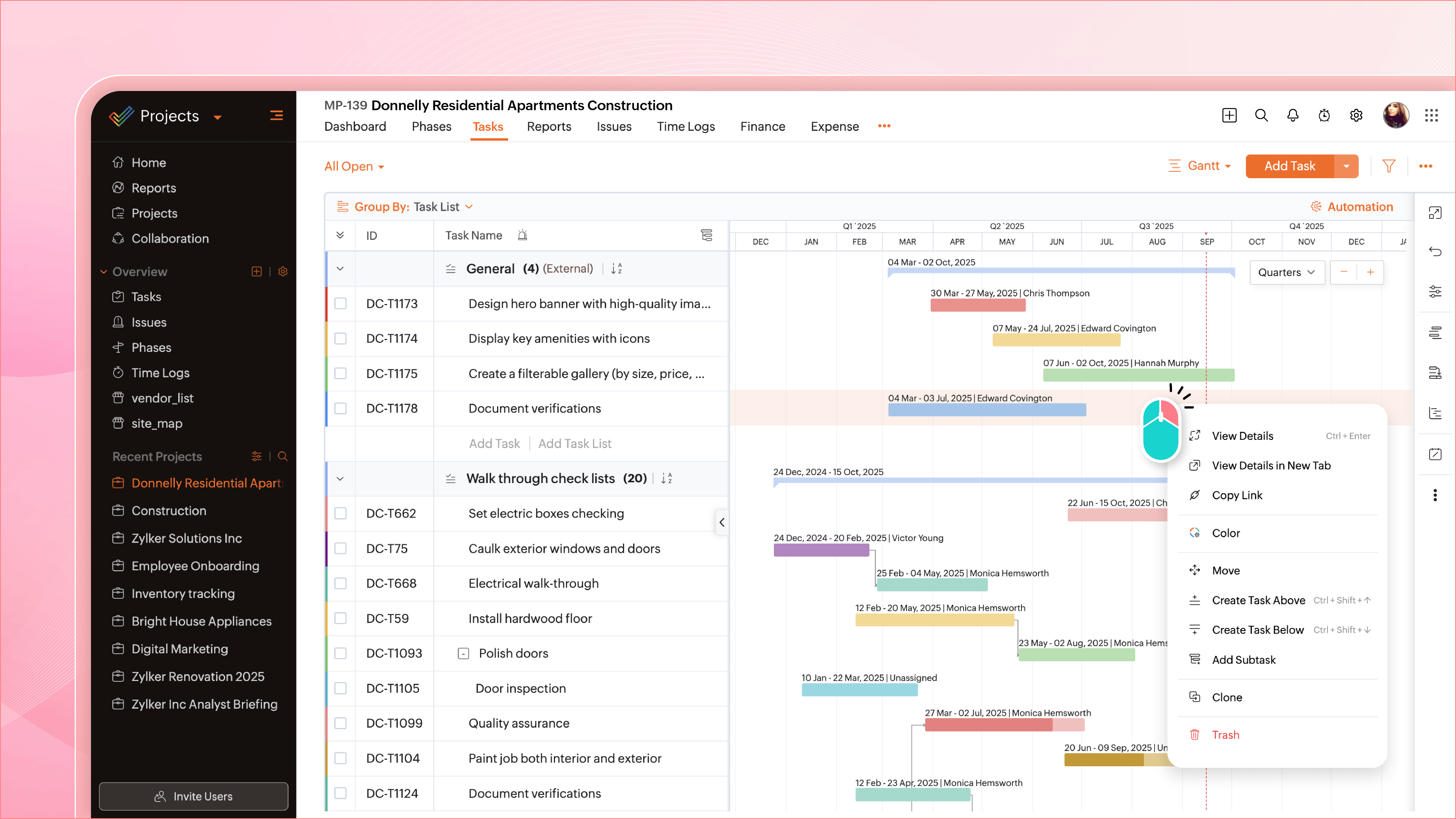 Zoho Projects - Say what, say who, say when. And done. Zoho Projects' Gantt chart comes feature loaded with advanced operations such as Critical path and Baseline.