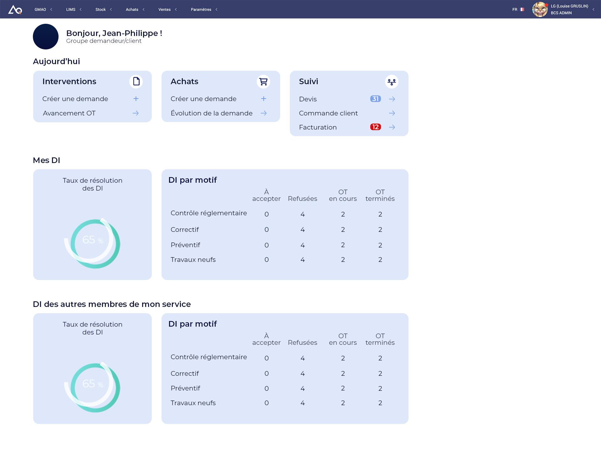 AQ Manager GMAO - Menu demandeur