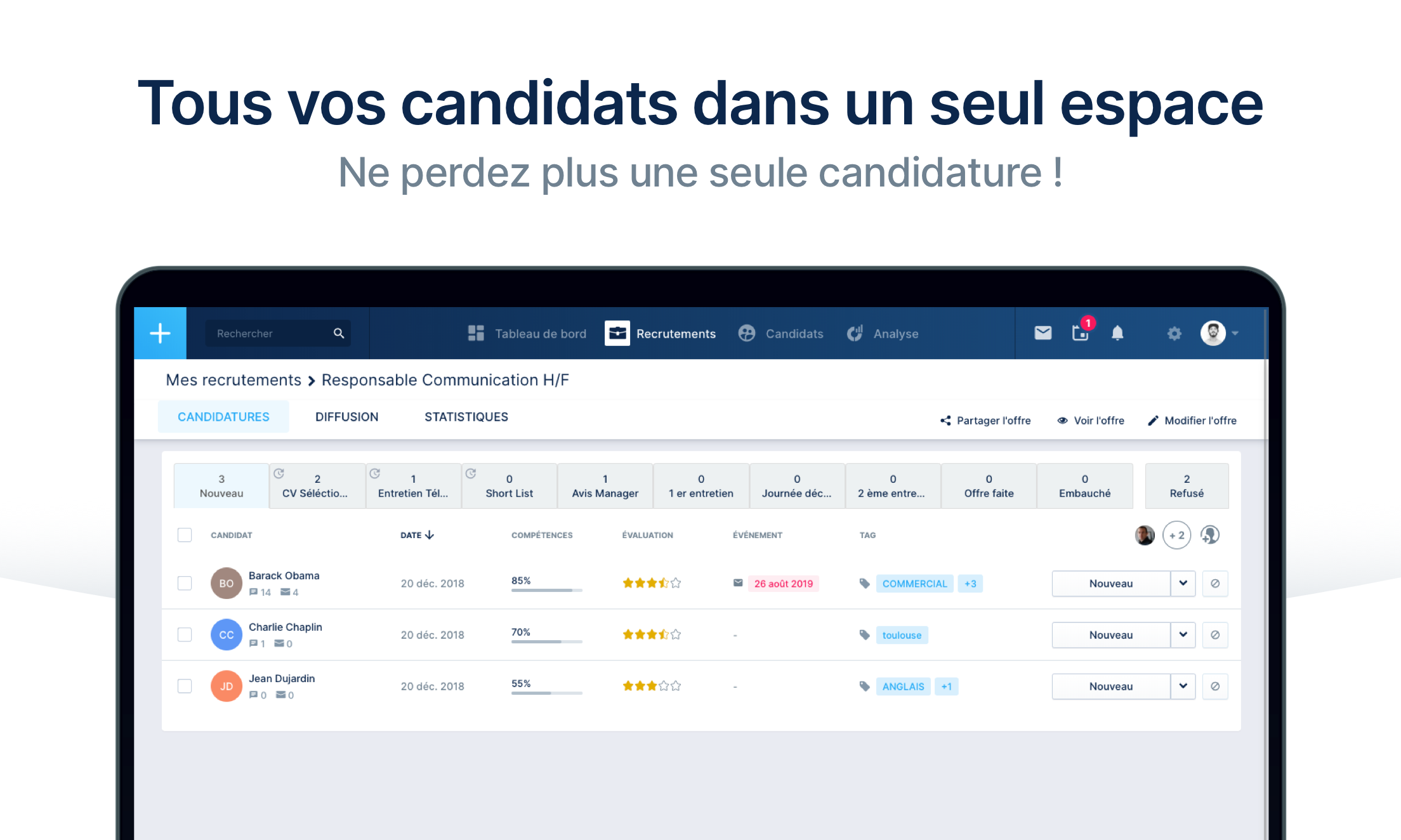 Centralisez tous vos candidats Centralisez tous vos candidats