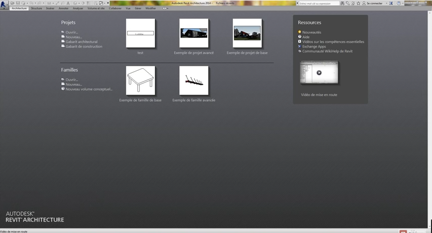 Ecran d'accueil de Revit : familles et projets Ecran d'accueil de Revit : familles et projets