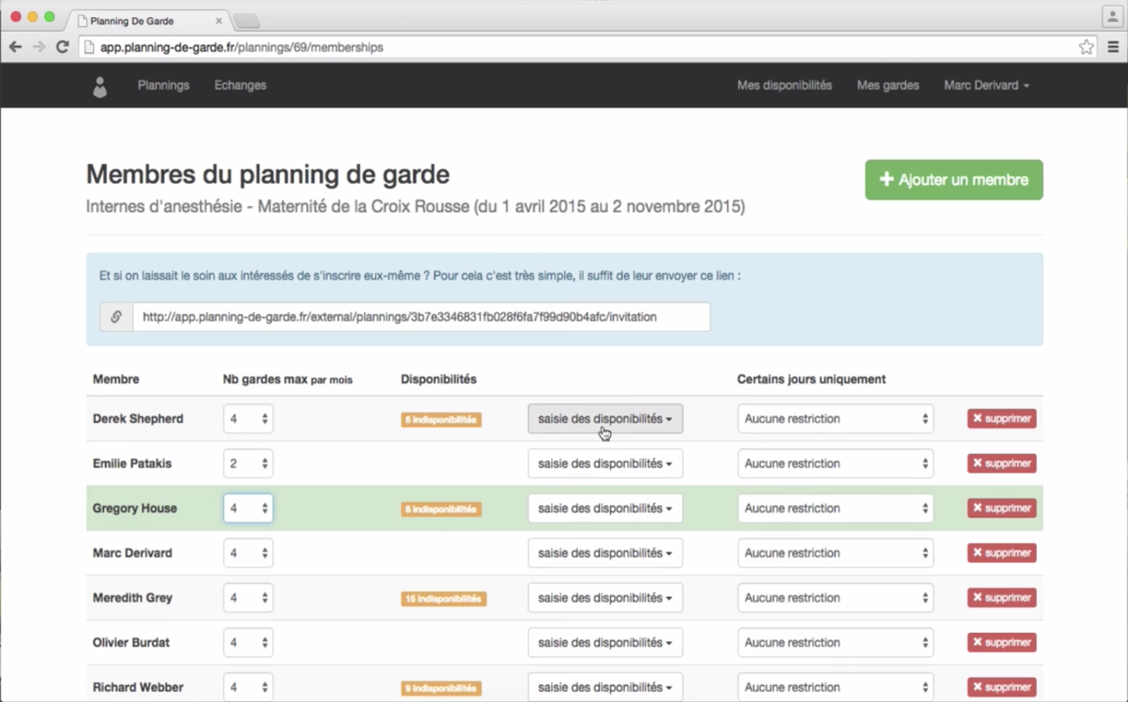 Planning de garde : membres du planning de garde Planning de garde : membres du planning de garde