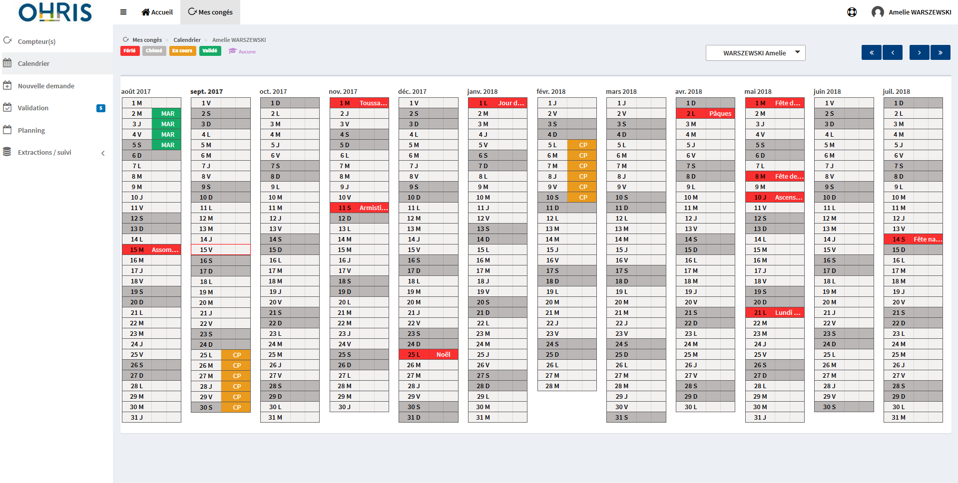 oHRis Congés - Calendrier individuel d'un salarié oHRis Congés