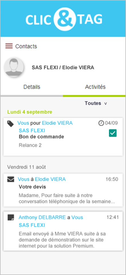 Le flux des activités est synchronisé dans l'extension Gmail.