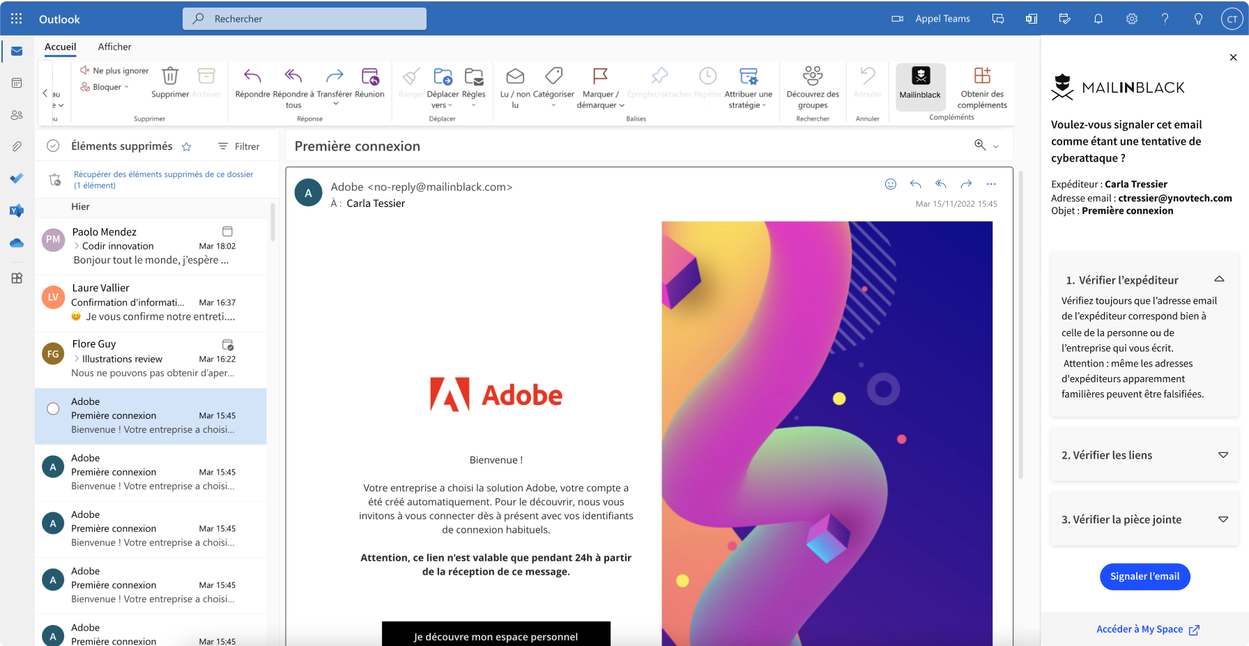 Mailinblack - Exemple Phishing + add-in CyberCoach dans outlook
