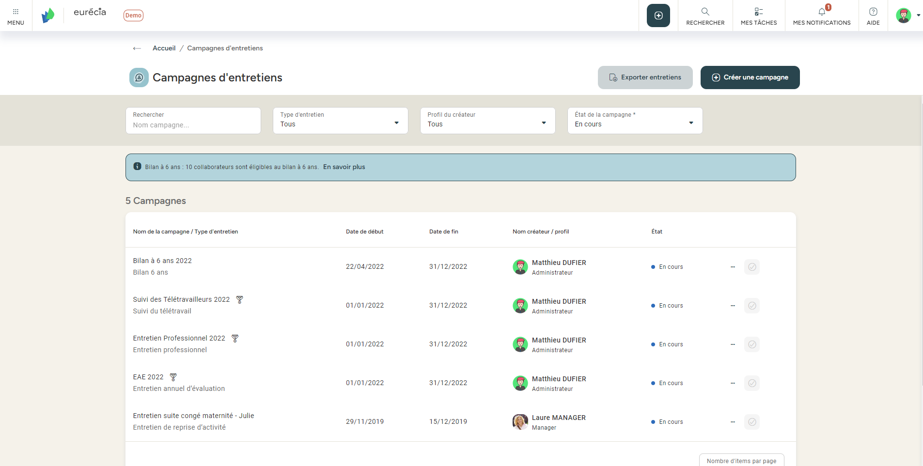 Eurécia Gestion des Talents - Module Entretiens : Mes campagnes