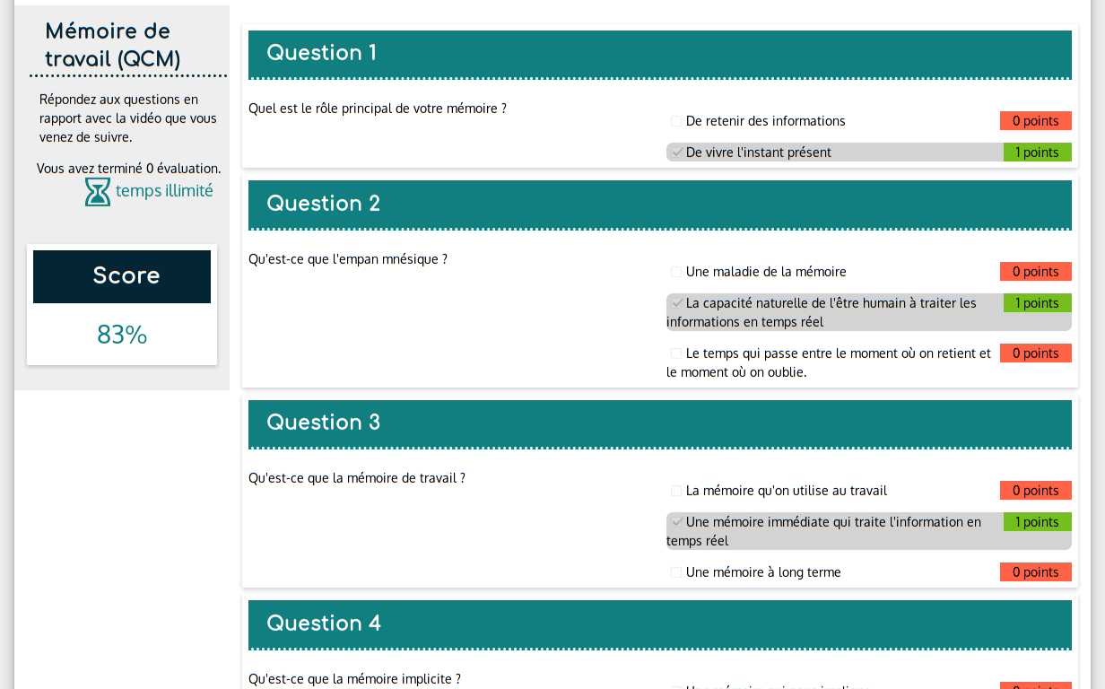 La correction d'un QCM s'affiche La correction d'un QCM s'affiche