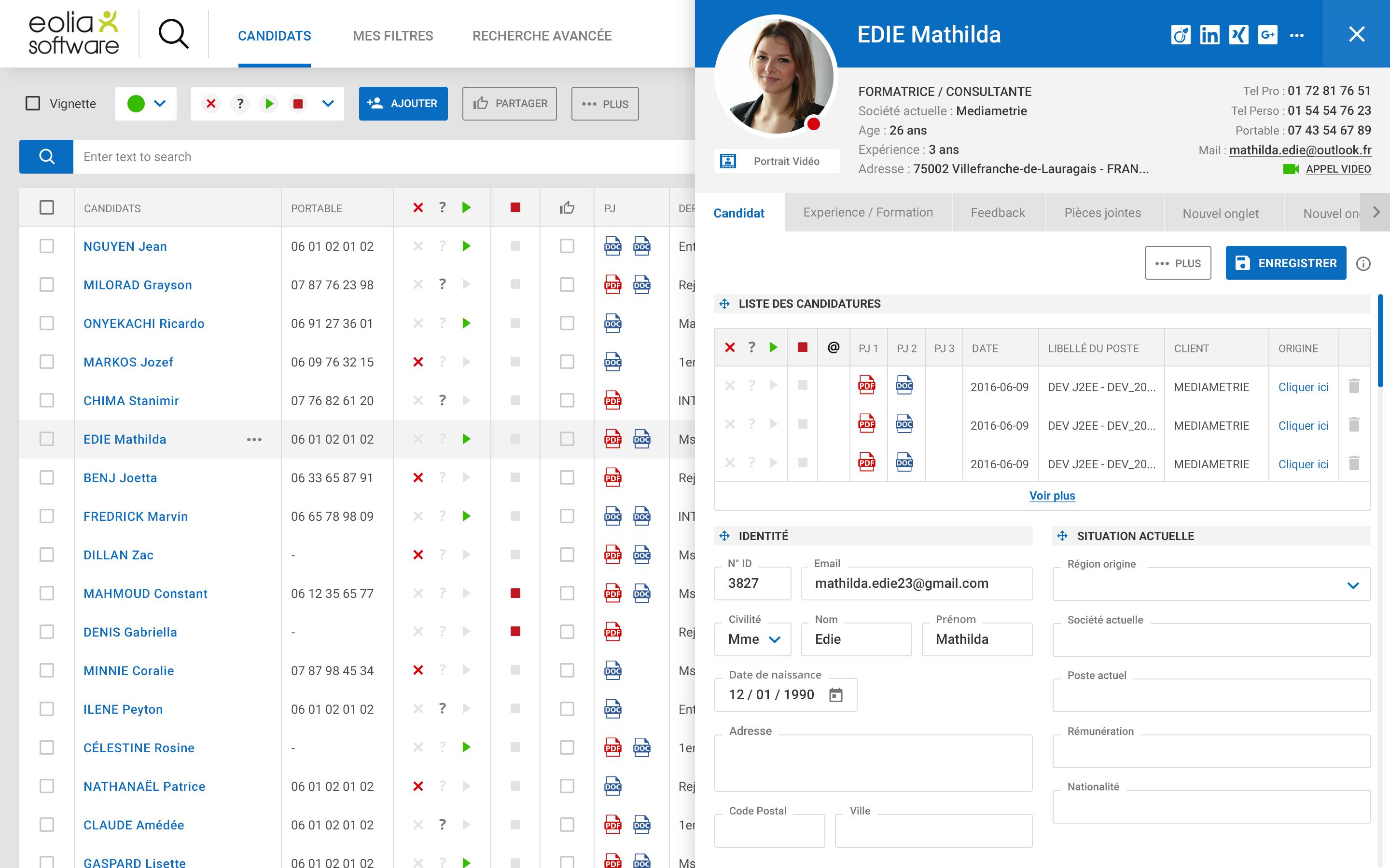 EOLIA Software - View recruiter portal - candidate list + opening of a candidate profile