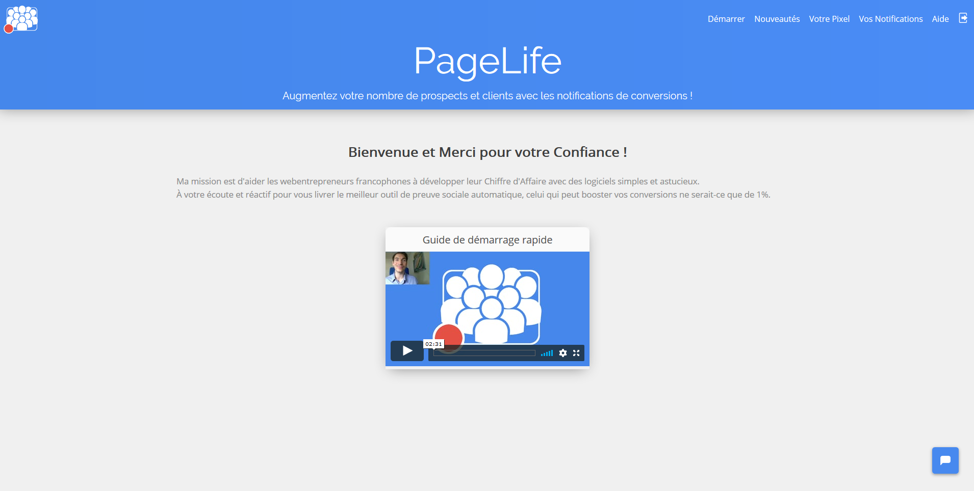 PageLife interface d'accueil du logiciel avant de créer une 1ère notification de preuve sociale PageLife interface d'accueil du logiciel avant de créer une 1ère notification de preuve sociale
