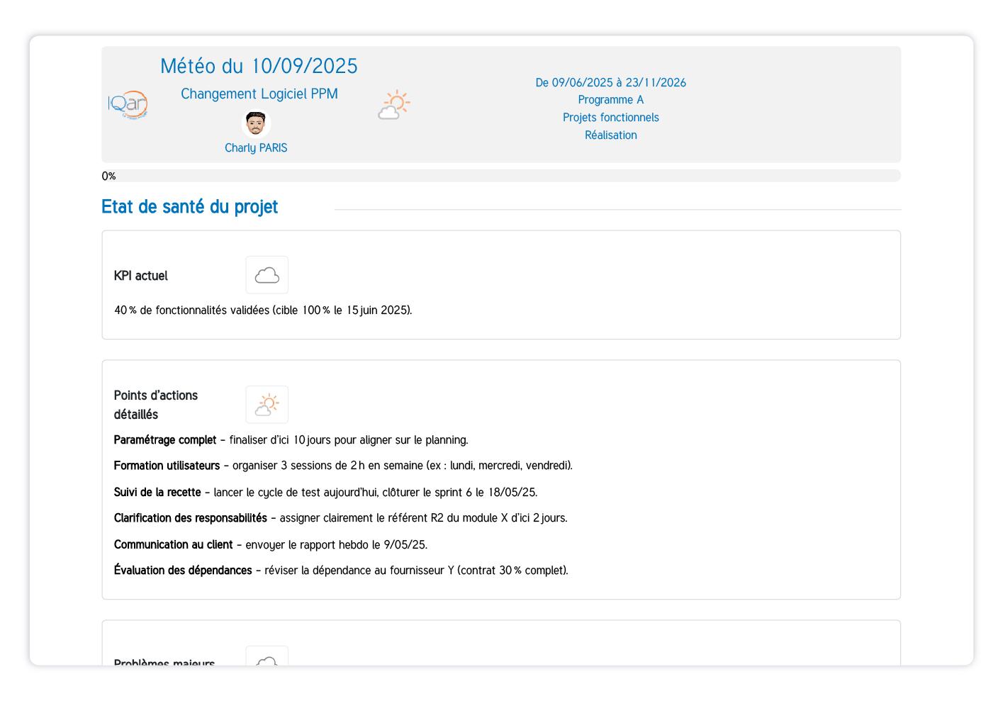 SuitePro-G - Vue météo projet SuitePro-G : indicateurs de santé projet pour anticiper risques et dérives.