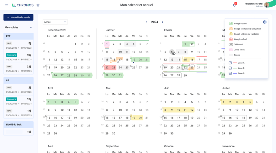 Chronos - Écran de l'espace collaborateur sur Chronos avec visibilité globale du calendrier