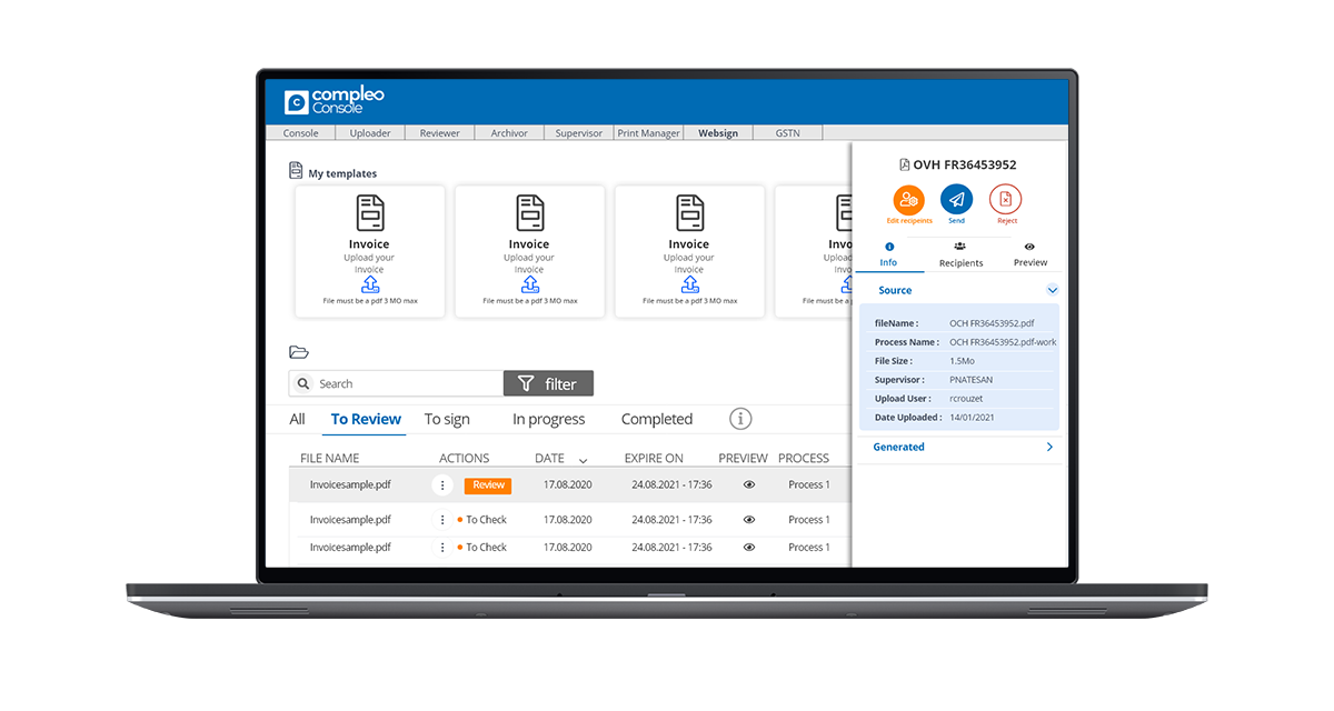 Compleo Invoice Platform - Interface suivi des documents